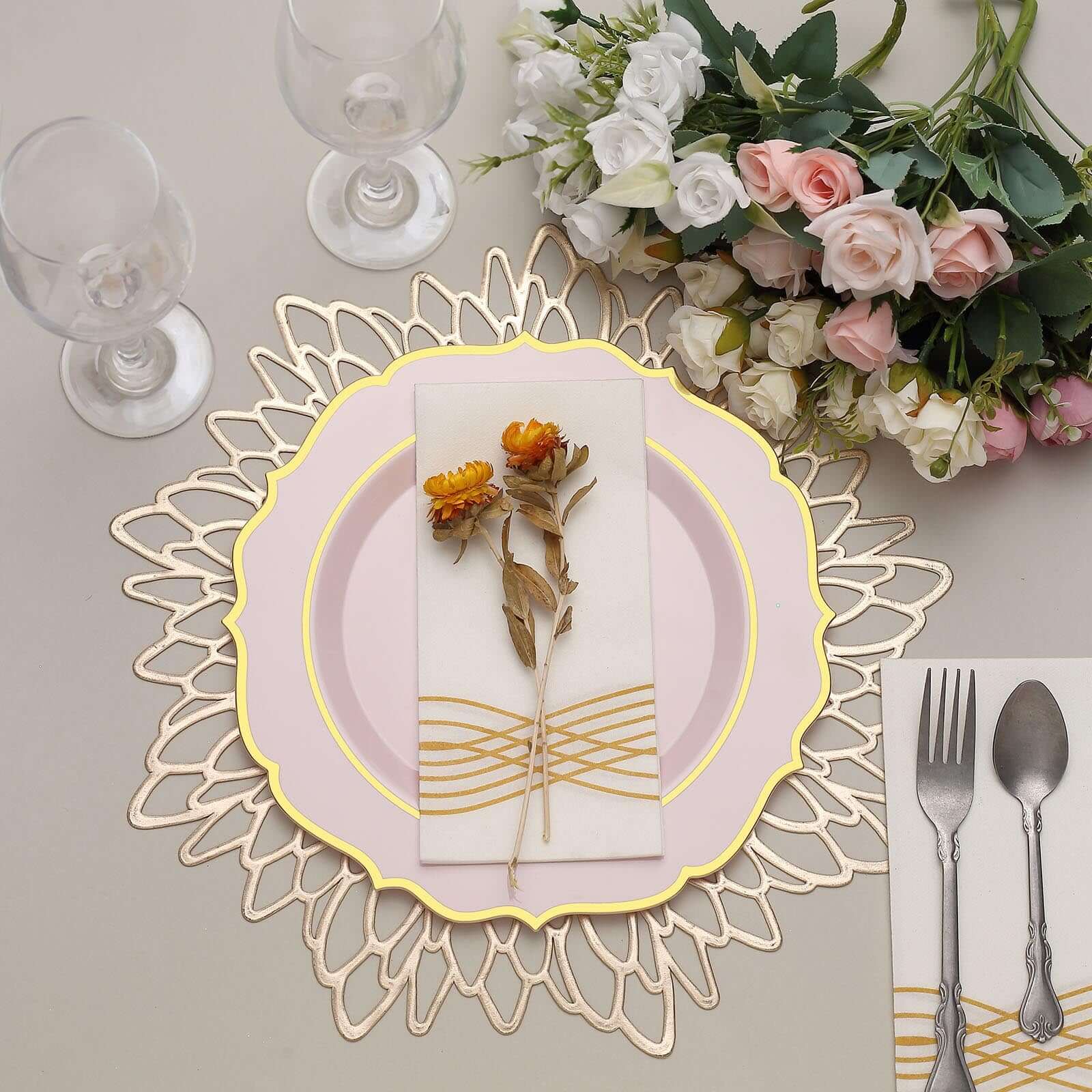 10-Pack Plastic 10 Round Dinner Plates in Blush with Gold Scalloped Rim - Disposable Party Plates