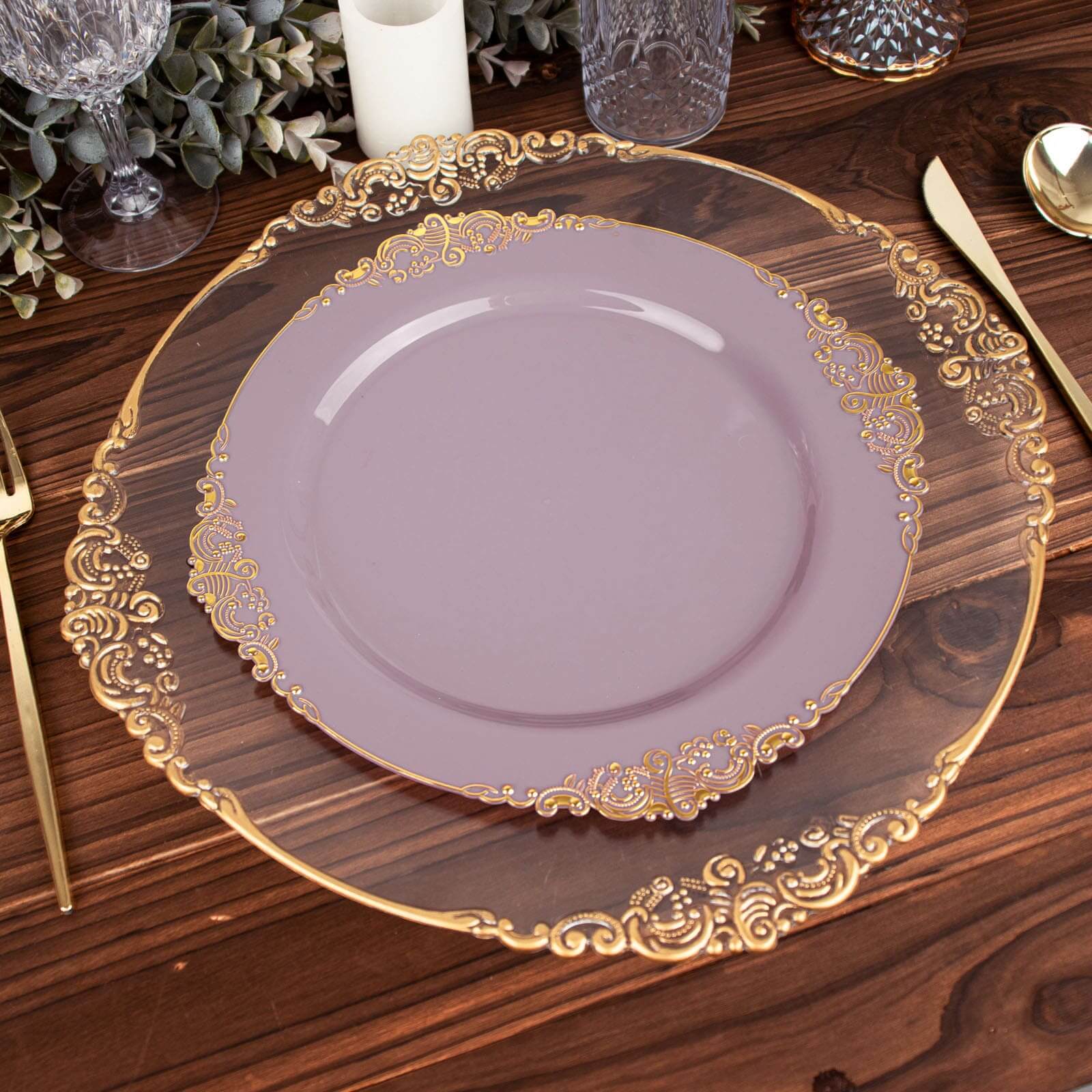 10-Pack Plastic 10 Round Dinner Plates in Lavender Lilac with Gold Leaf Embossed Rim - Disposable Vintage Baroque Style Plates