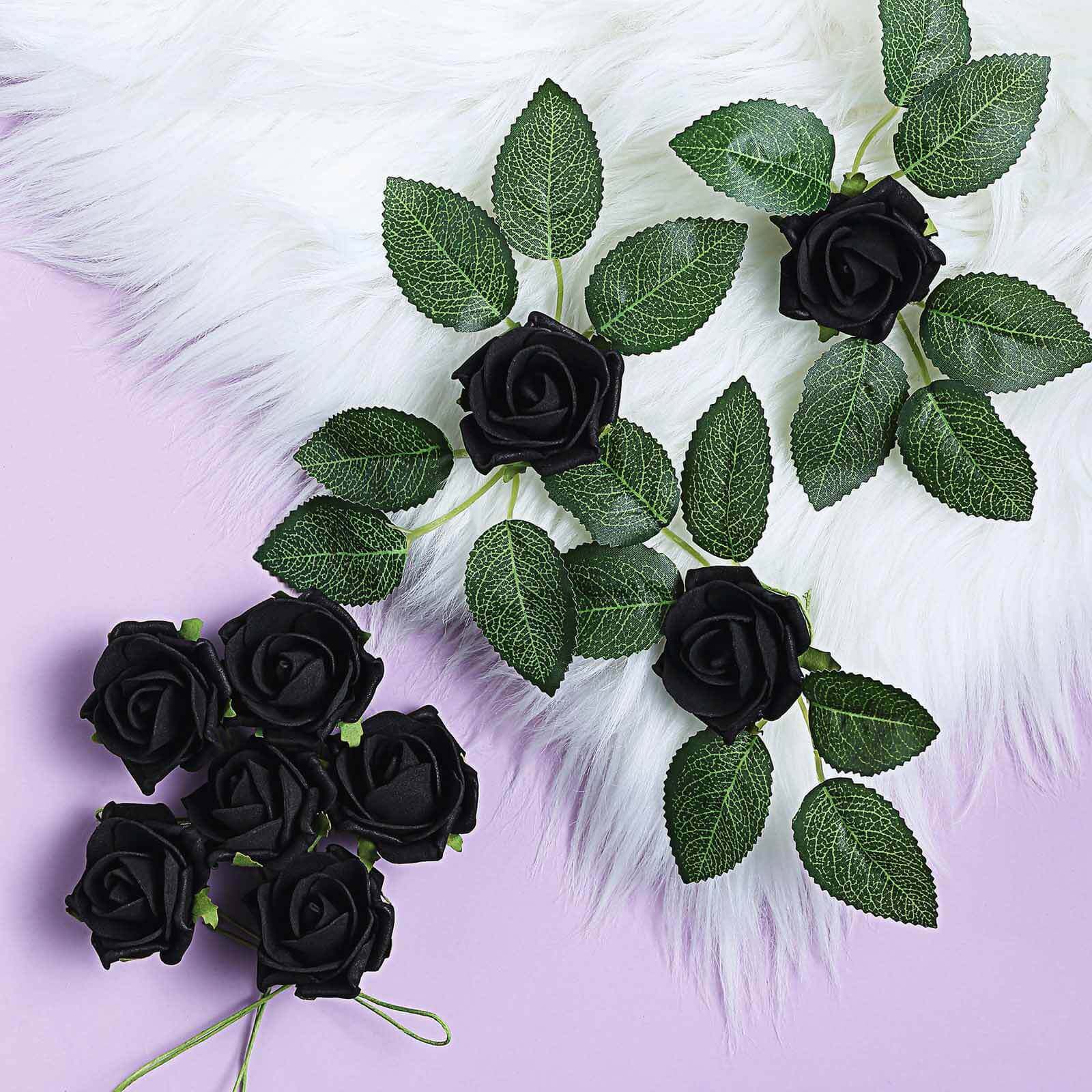 24 Roses 2 Black Artificial Foam Flowers With Stem Wire and Leaves