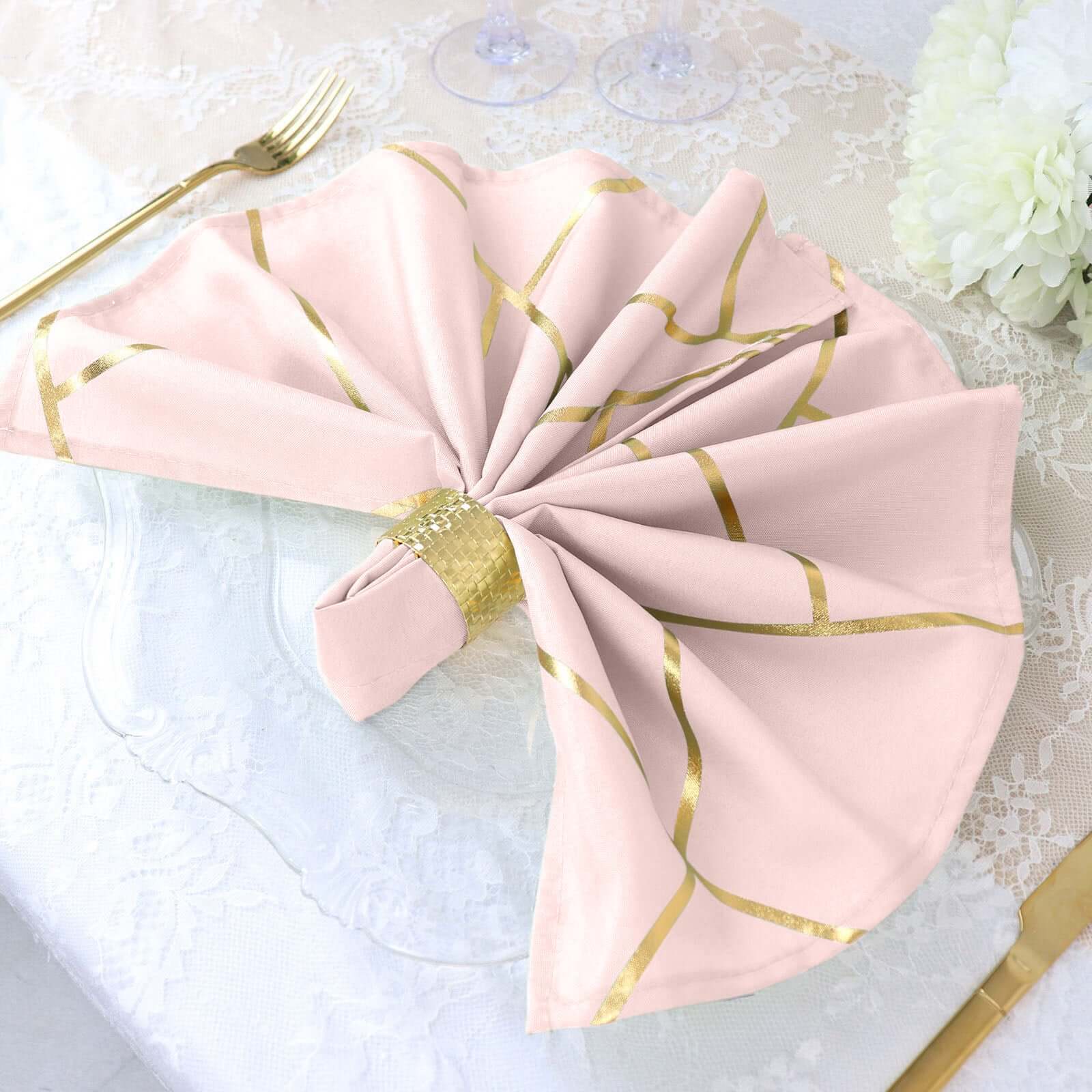 5 Pack Modern Blush and Geometric Gold Cloth Dinner Napkins 20x20