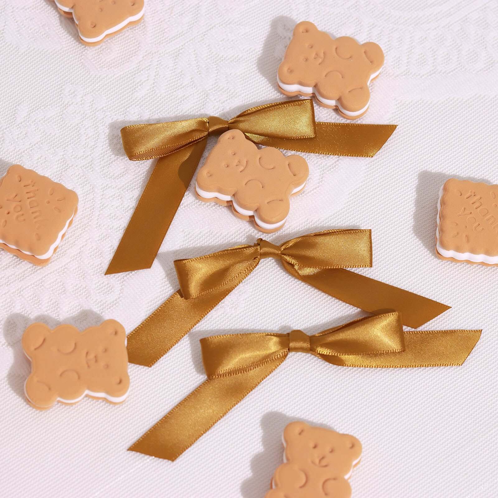 50 Pcs 3 Satin Ribbon Bows With Twist Ties, Gift Basket Party Favor Bags Decor - Gold Classic Style