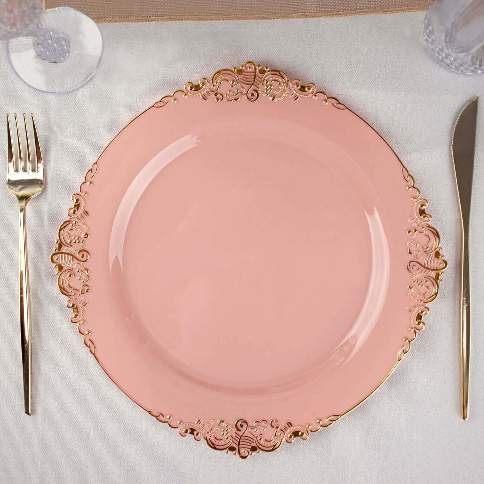 10-Pack Plastic 10 Round Dinner Plates in Dusty Rose with Gold Leaf Embossed Rim - Disposable Vintage Baroque Style Plates