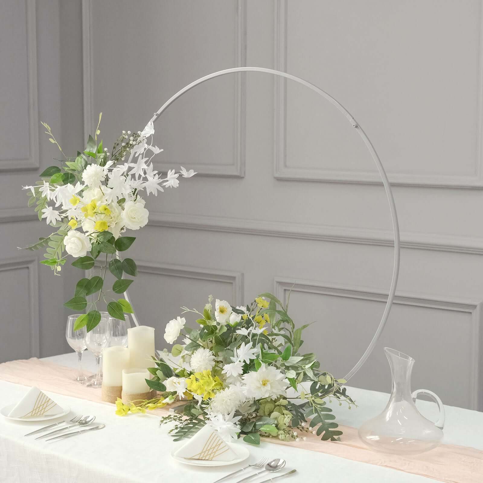 Round Wedding Hoop Table Centerpiece Metal Silver - Self-Standing Floral Wreath Frame for Events 36