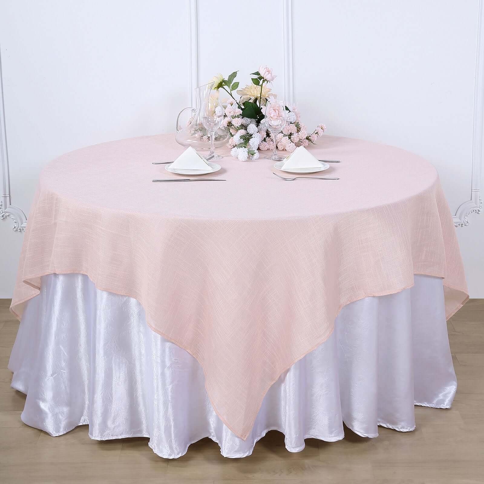 Linen 72x72 Table Overlay Square Tablecloth Blush - Slubby Textured Wrinkle-Resistant Design for Stylish Occasions