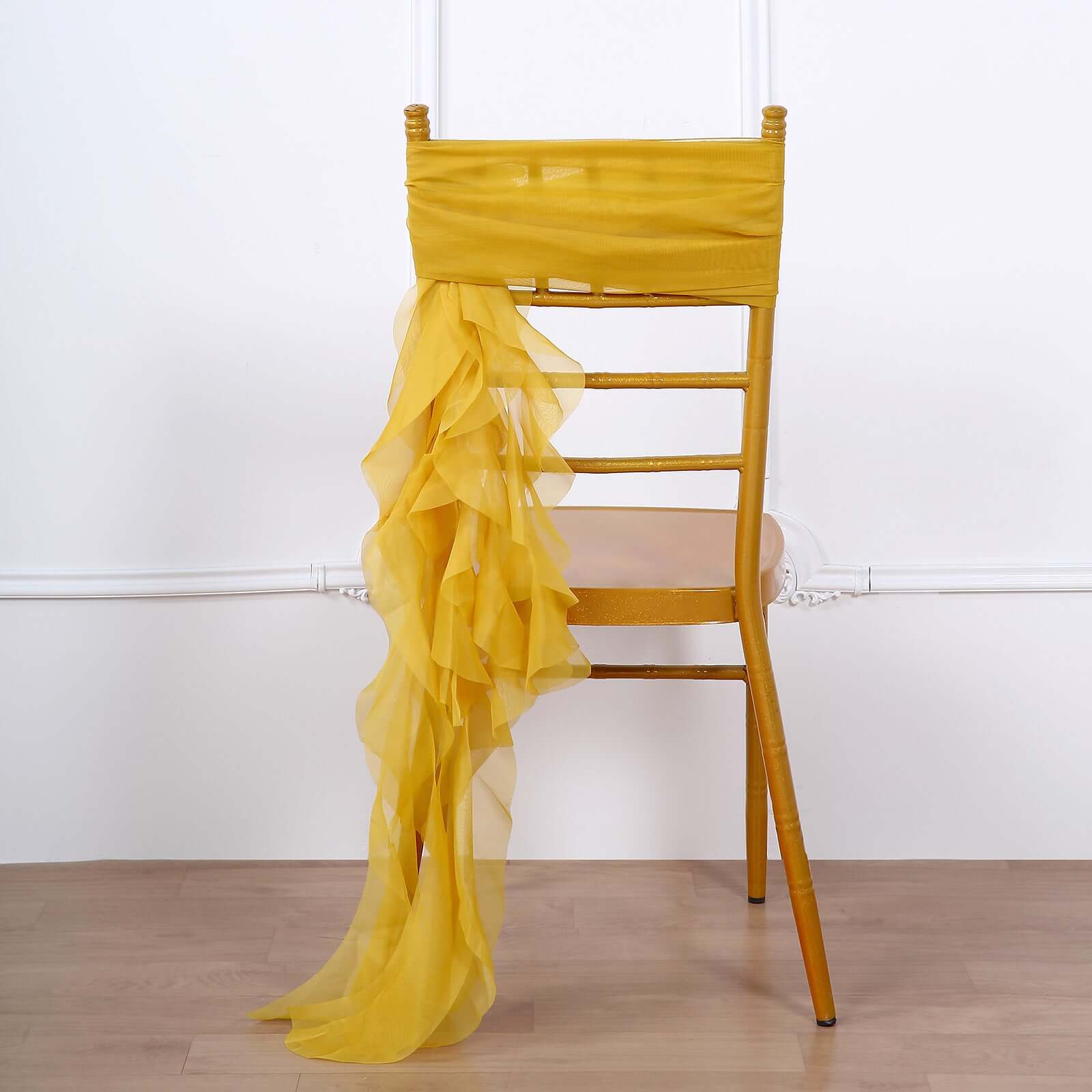 1 Set Chiffon Hoods Chair Sashes with Willow Ruffles Design Mustard Yellow - Stylish Chair Bow Decor