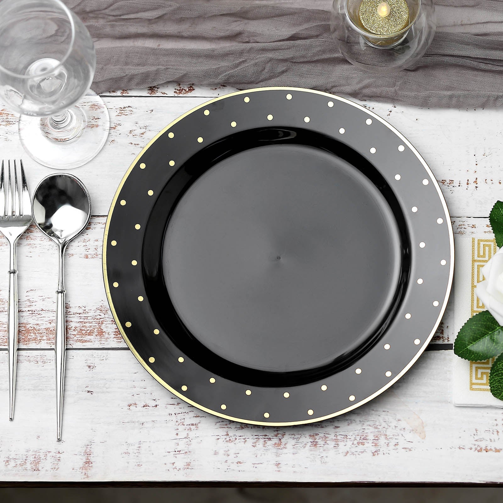 10 Pack 10 Black With Gold Dot Rim Plastic Dinner Plates, Round Disposable Tableware Plates