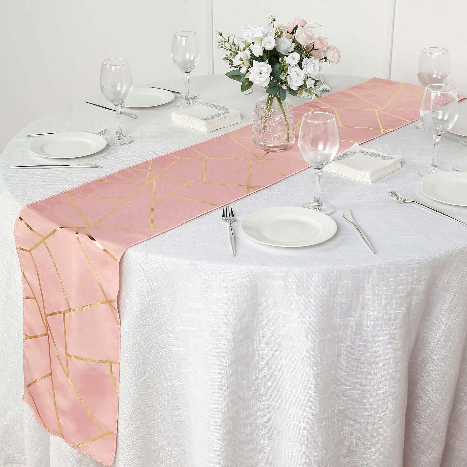 Polyester 9ft Table Runner Dusty Rose with Gold Foil Modern Geometric Accent