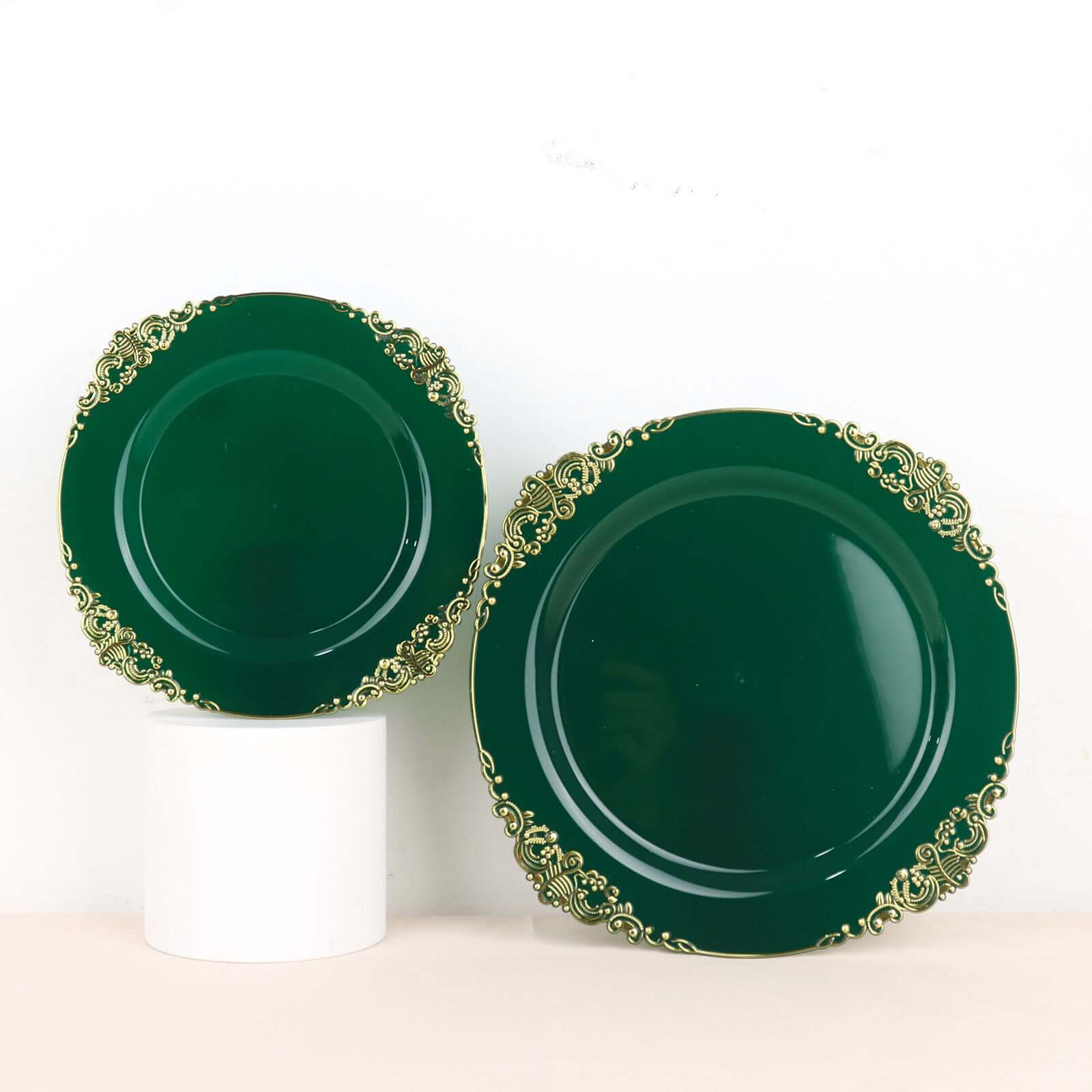 10-Pack Plastic 8 Round Dessert Plates in Hunter Emerald Green with Gold Leaf Embossed Rim - Disposable Vintage Baroque Style Salad Plates