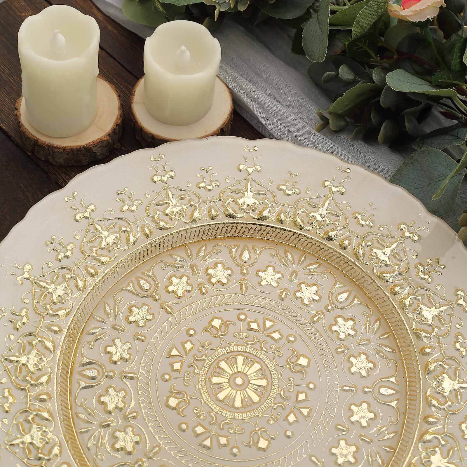 8-Pack Glass Round Charger Plates 13 in Gold with Monaco Style Ornate Design, Classy Decorative Dinner Chargers