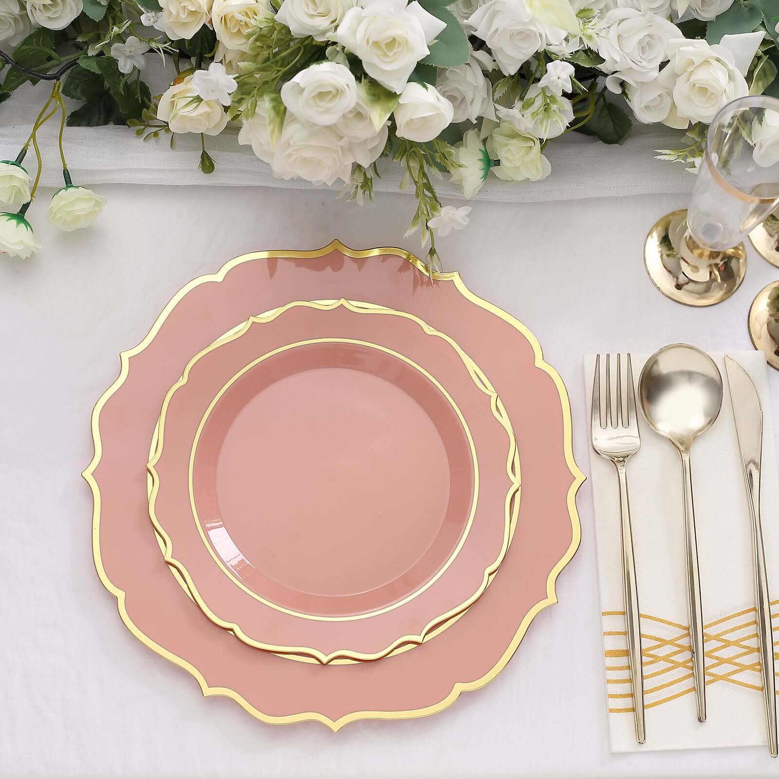 10-Pack Plastic 10 Round Dinner Plates in Dusty Rose with Gold Scalloped Rim - Disposable Party Plates