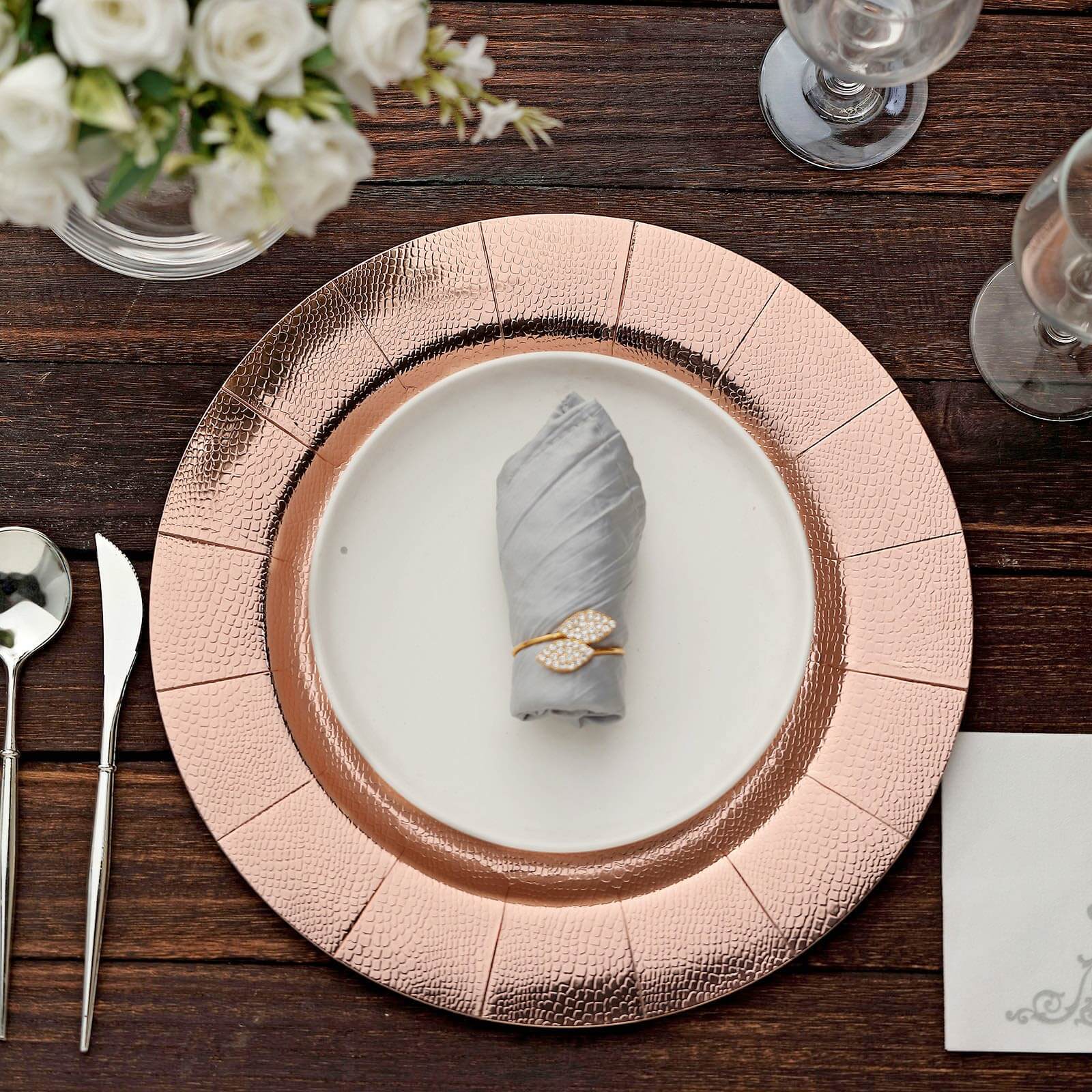 10-Pack Disposable Round Charger Plates in Rose Gold with Leathery Texture - Durable 1100GSM Cardboard Placemats 13