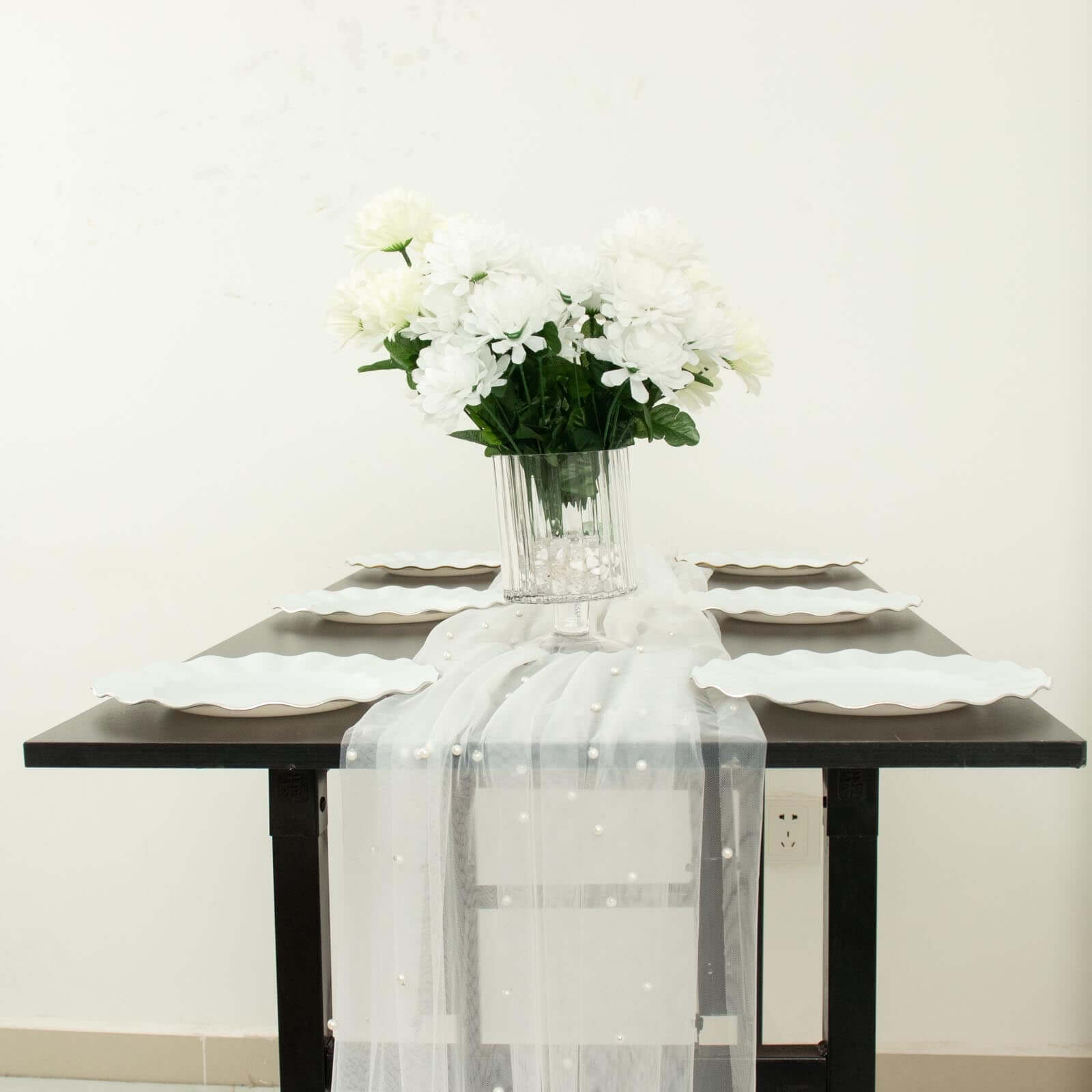 Sheer Tulle 48x120 Table Runner White Pearl Embellished - Stylish Wedding & Event Table Linen