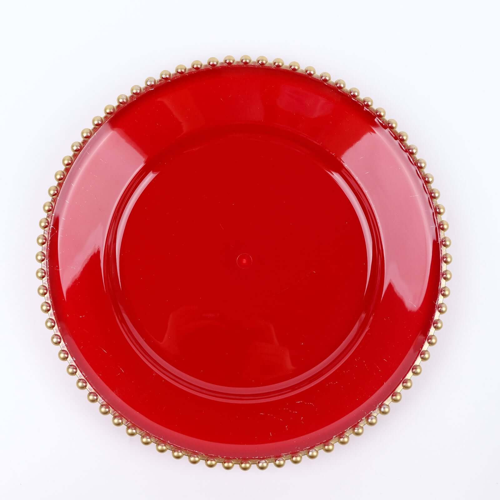 6-Pack Acrylic Round Charger Plates 13 in Red with Gold Beaded Rim, Decorative Dinner Party Charger Tableware