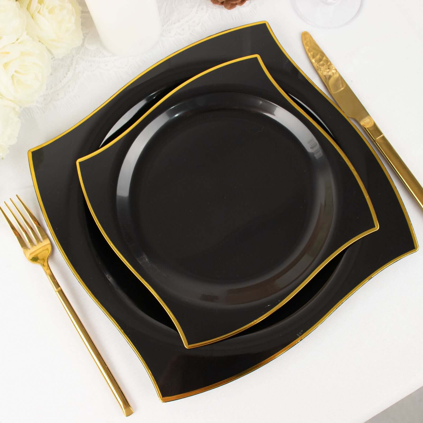 10-Pack Plastic 8 Square Dessert Plates in Black with Gold Wavy Rim Modern - Disposable Salad Appetizer Party Plates