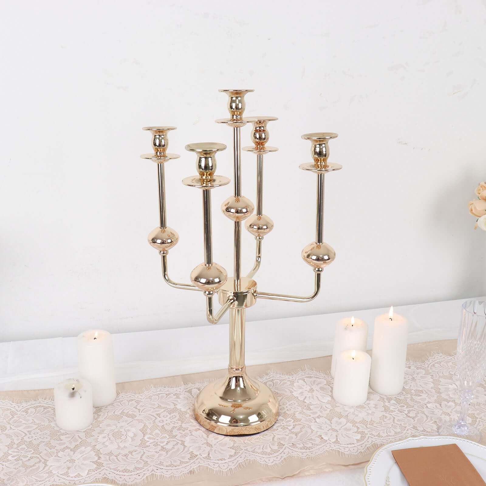 5-Arm Taper Candelabra Wedding Candle Holder Gold Metal Table Display - Perfect for Events 20