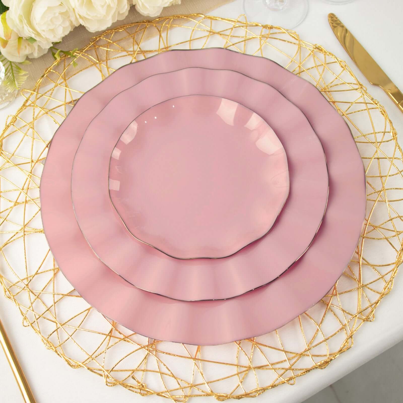 10-Pack Plastic 11 Round Dinner Plates in Dusty Rose Ruffled Rim with Gold Edging - Sturdy Disposable Dinnerware