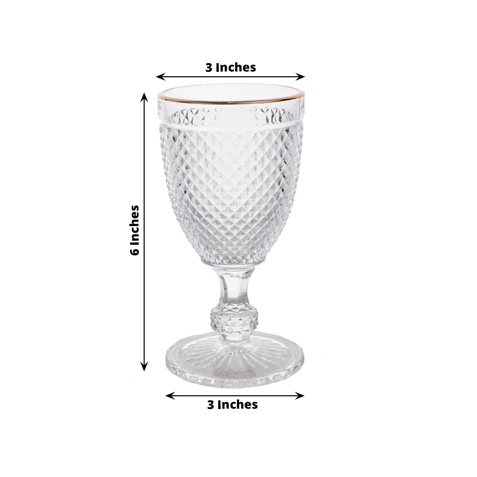 6-Pack Vintage Wine Glasses with Gold Rim and Embossed Diamond Pattern Clear - Crystal 8oz Short Stem Goblets for Cocktails 6