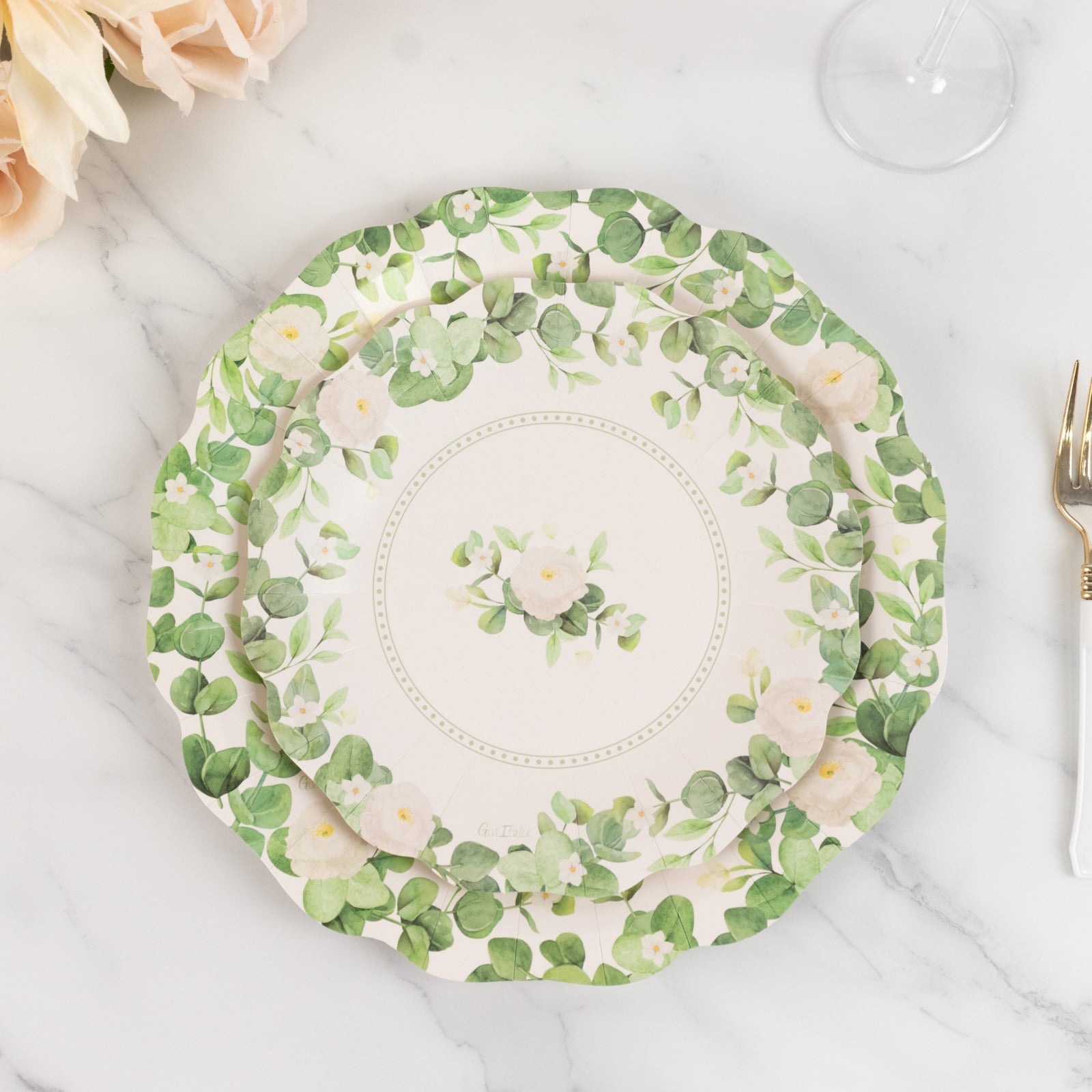 25-Pack Paper 8 Round Dessert Plates in White with Floral Greenery & Scalloped Edges - Disposable Appetizer Salad Plates for Rustic Weddings & Garden Brunches