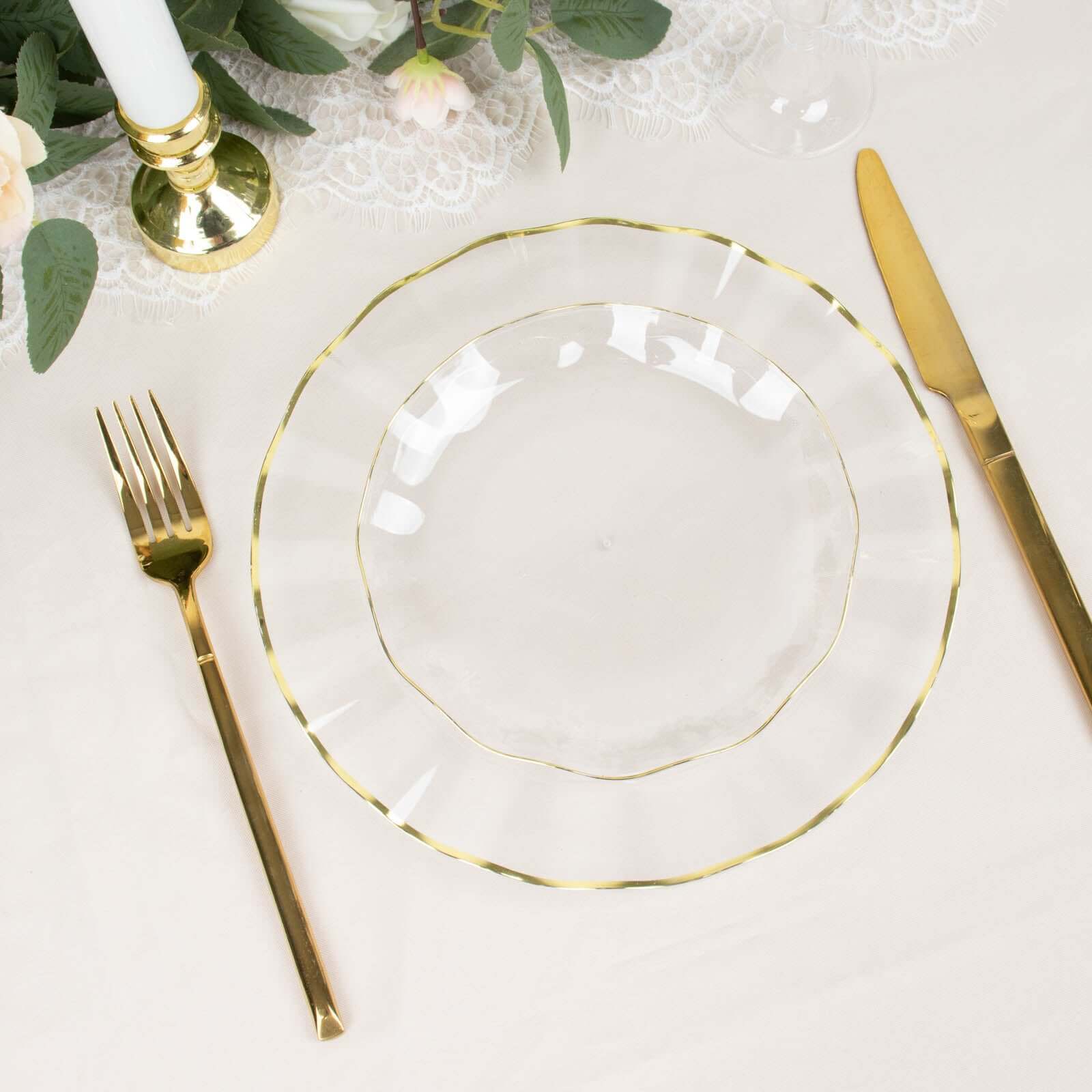 10-Pack Plastic Round 6 Dessert Plates in Clear Ruffled Rim with Gold Edging - Sturdy Disposable Salad Appetizer Dinnerware