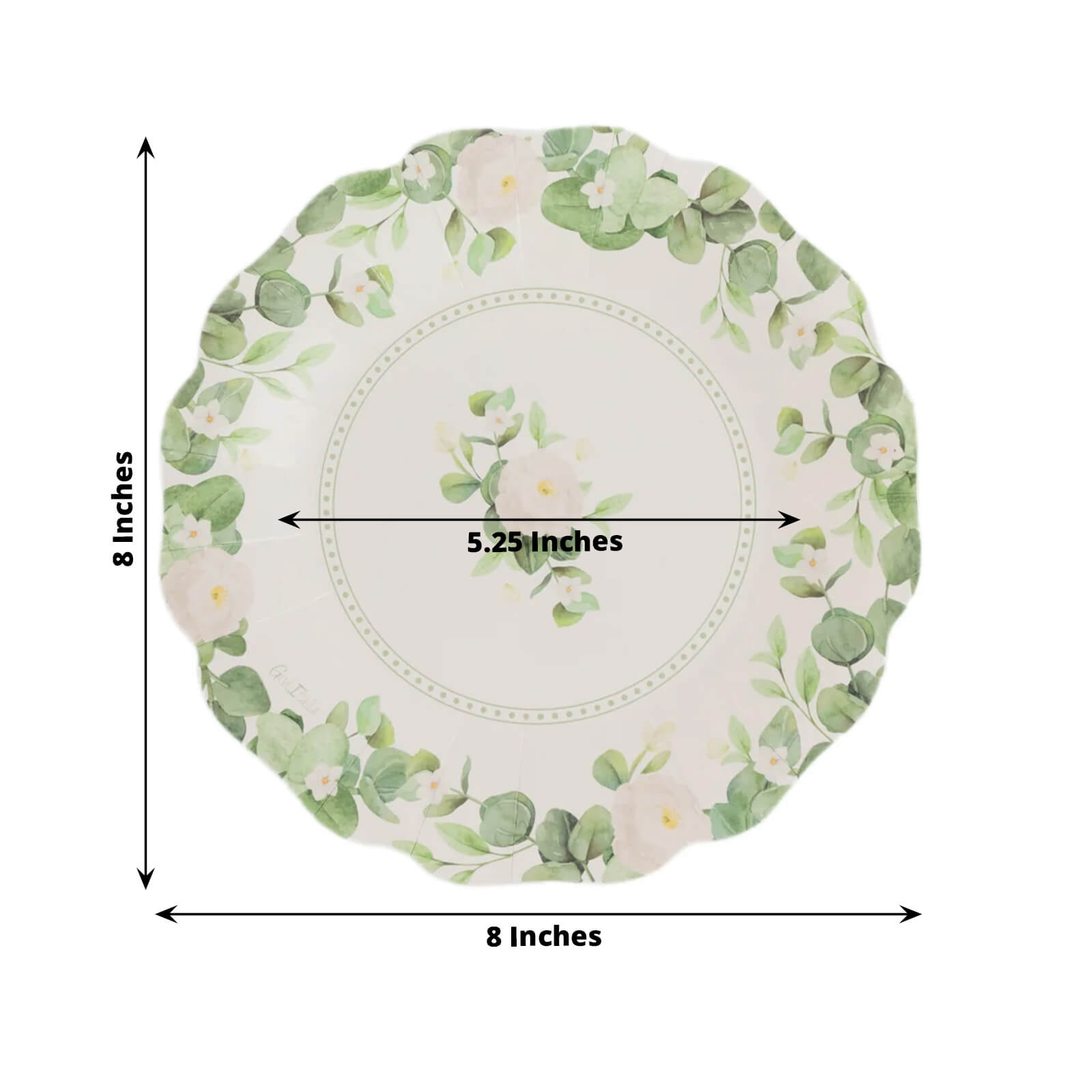 25-Pack Paper 8 Round Dessert Plates in White with Floral Greenery & Scalloped Edges - Disposable Appetizer Salad Plates for Rustic Weddings & Garden Brunches