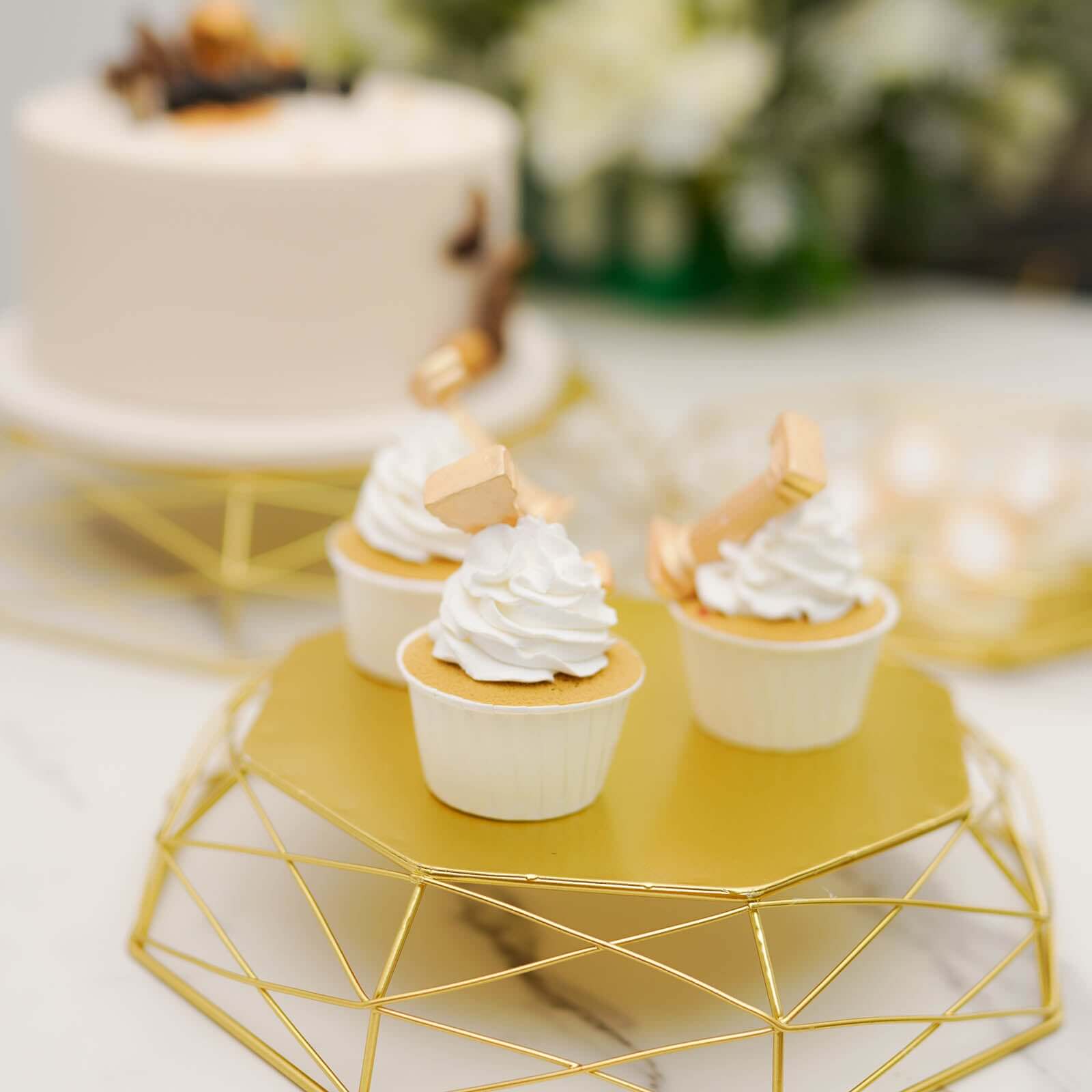 Set of 3 Metal Cake Stands Geometric Reversible Octagon Design Gold - Dessert Display Baskets 7, 9, 11