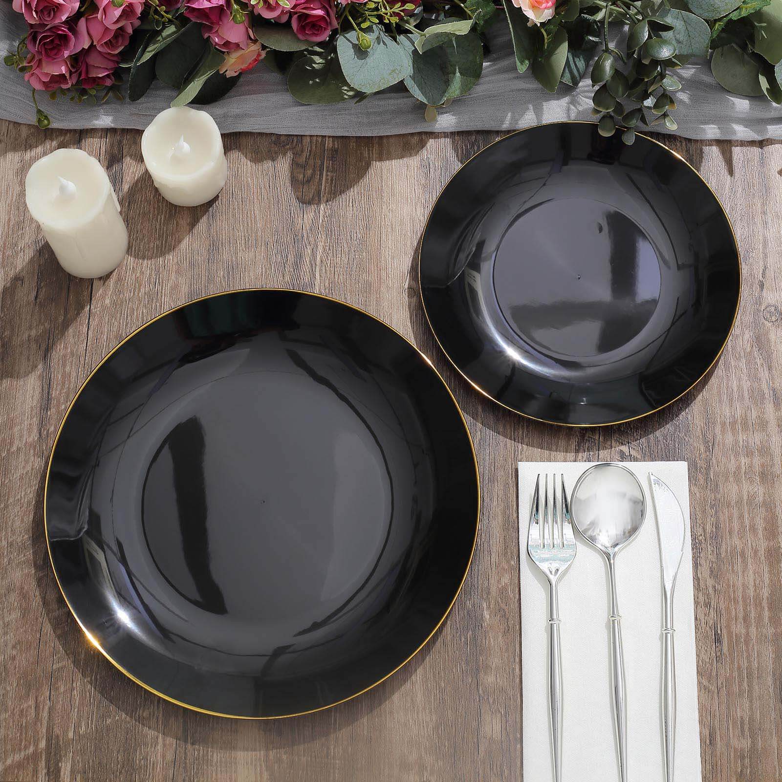 10-Pack Plastic 10 Round Dinner Plates in Black with Gold Rim - Glossy Disposable Party Plates