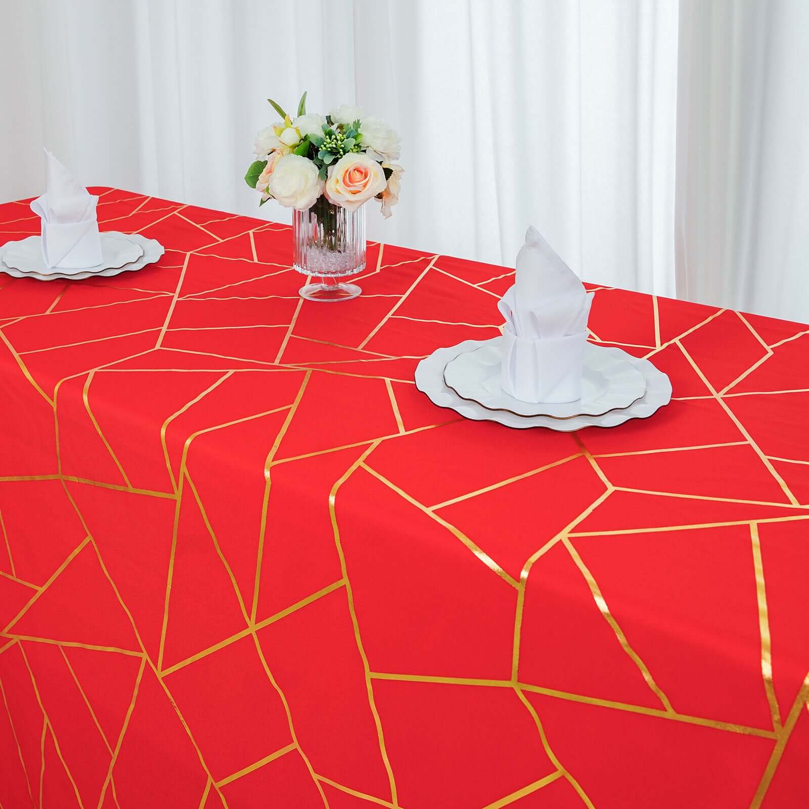 Polyester 90x132 Rectangle Tablecloth Red Seamless with Gold Foil Geometric Pattern - Wrinkle-Resistant Seamless Table Cover