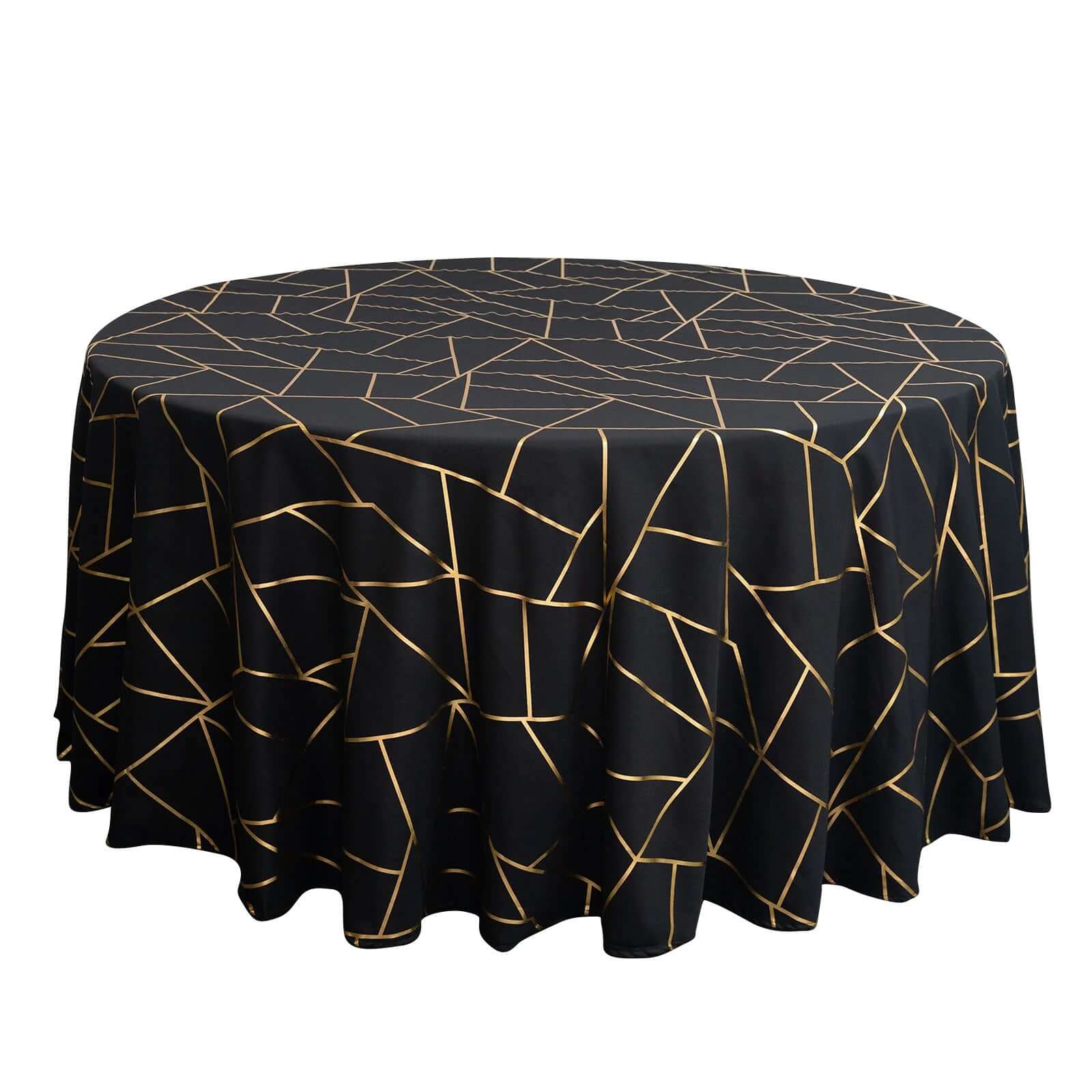 Polyester 120 Round Tablecloth Black with Gold Foil Geometric Pattern Wrinkle-Resistant Seamless Table Cover