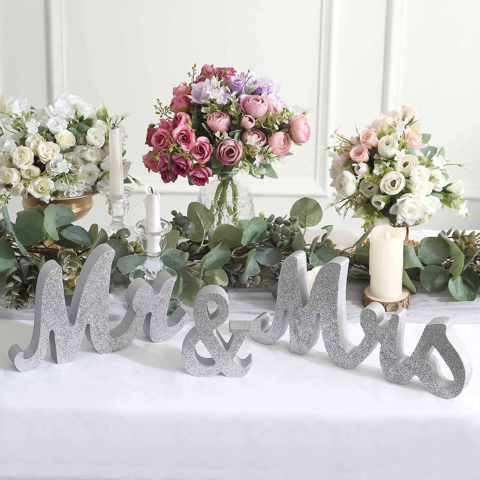 Wooden Mr & Mrs Freestanding Letters Silver Glittered - Rustic Glam Wedding Table Display Signs