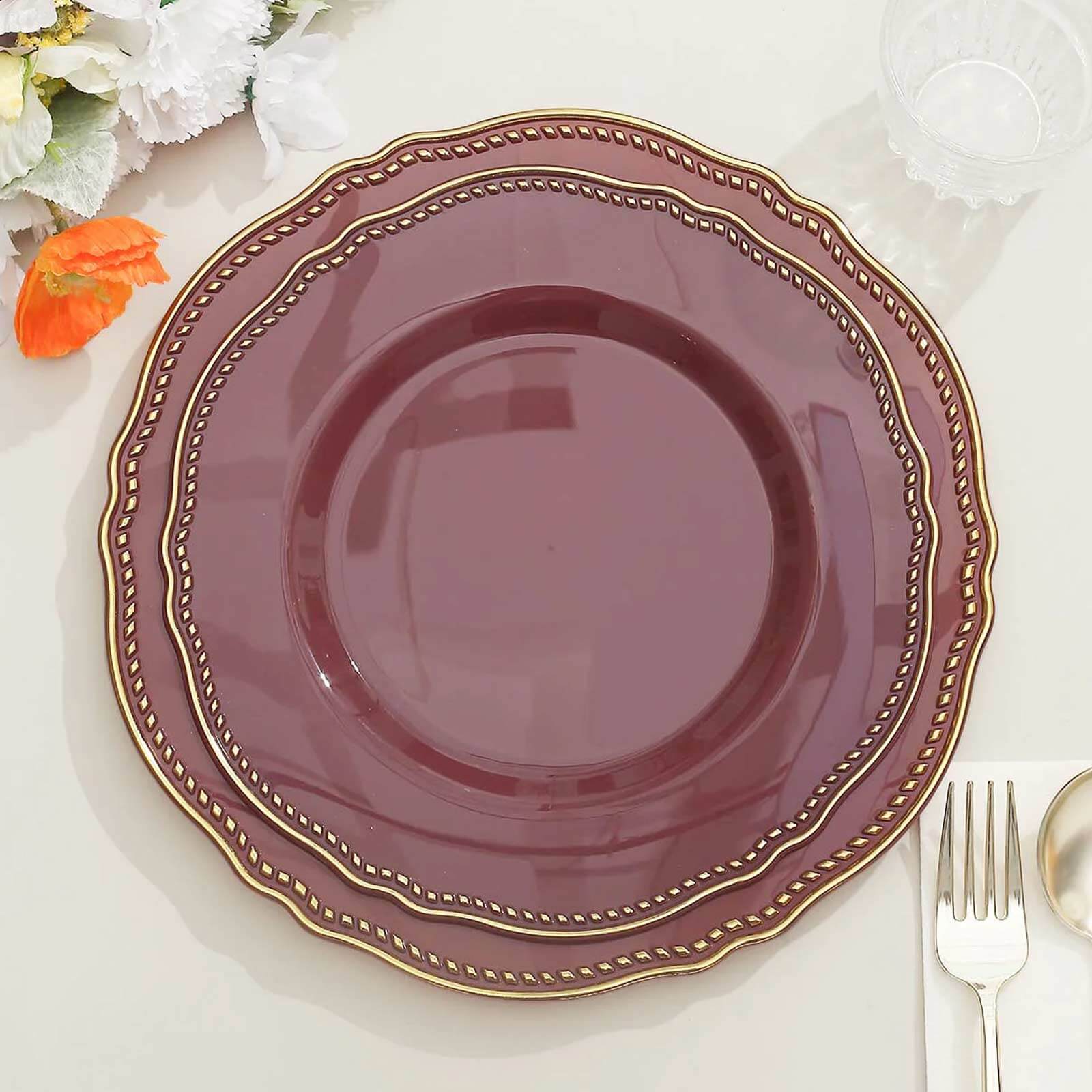 10-Pack Plastic Dinner Plates in Cinnamon Rose with Gold Scalloped Rim - Disposable Party Plates 9