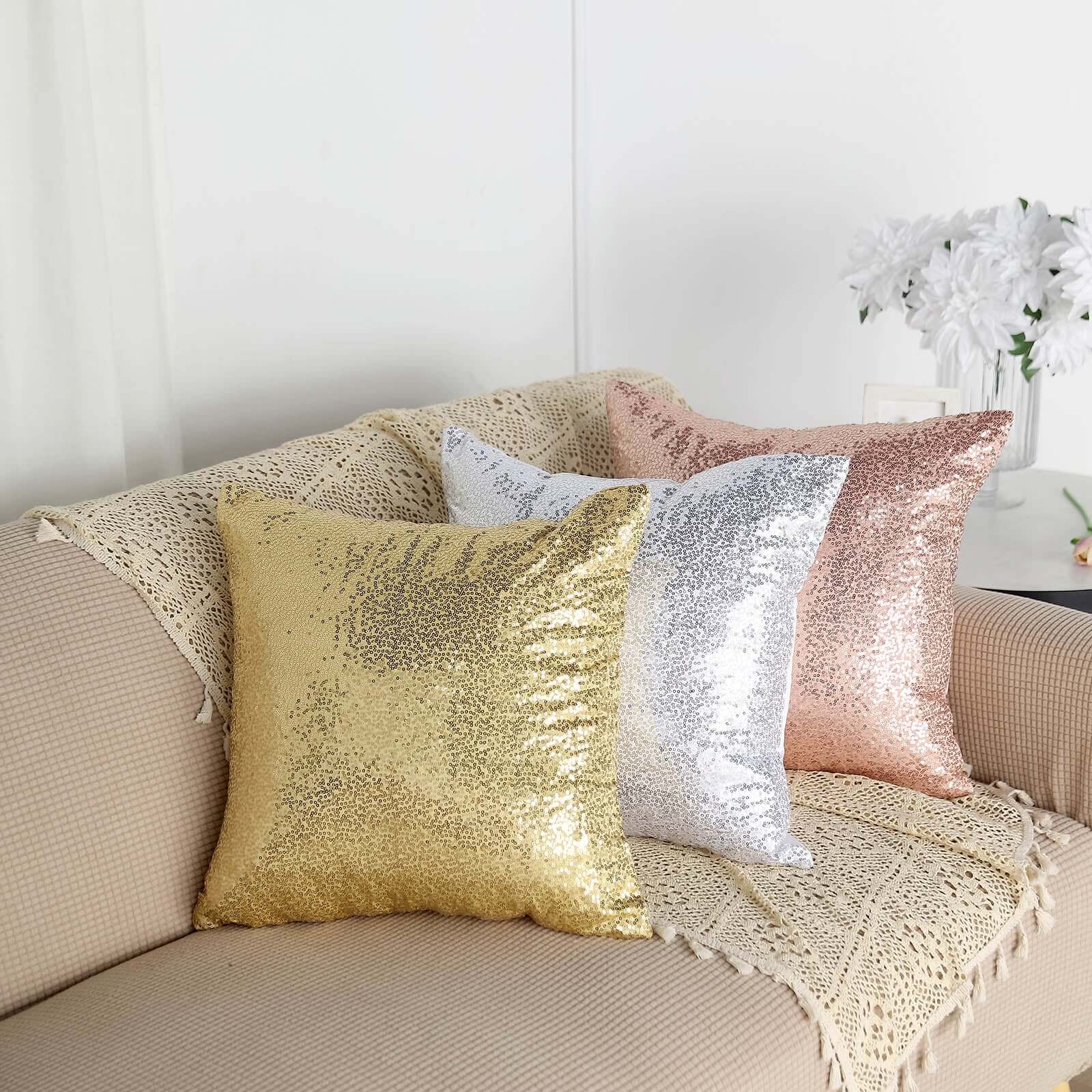 2 Pack 18x18 Sequin Throw Pillow Cover, Decorative Cushion Case - Square Champagne Sequin