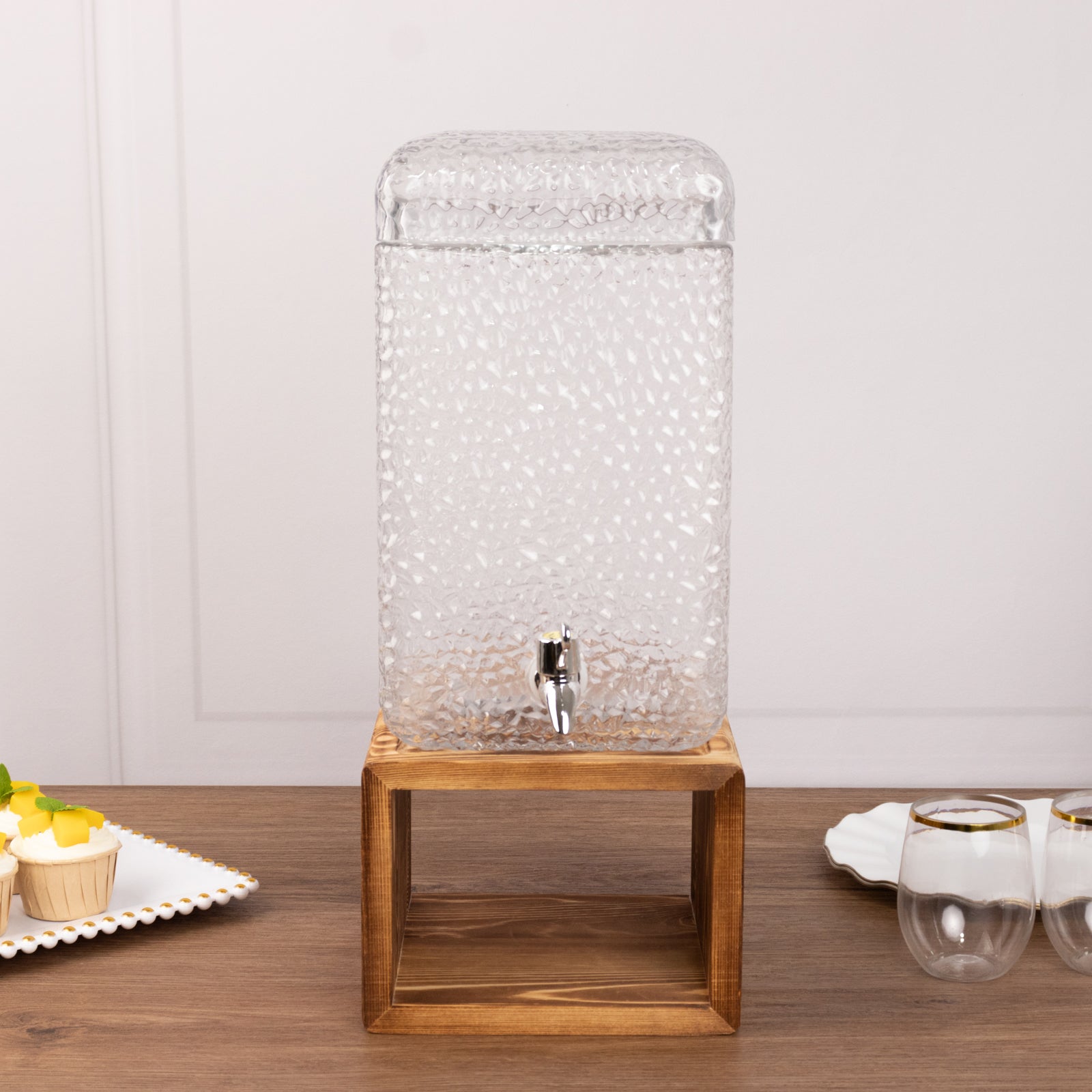 Gallon Clear Hammered Glass Beverage Dispenser, Rectangular Juice Jar with Wooden Stand and Lid - Lead-Free Countertop Feature 19