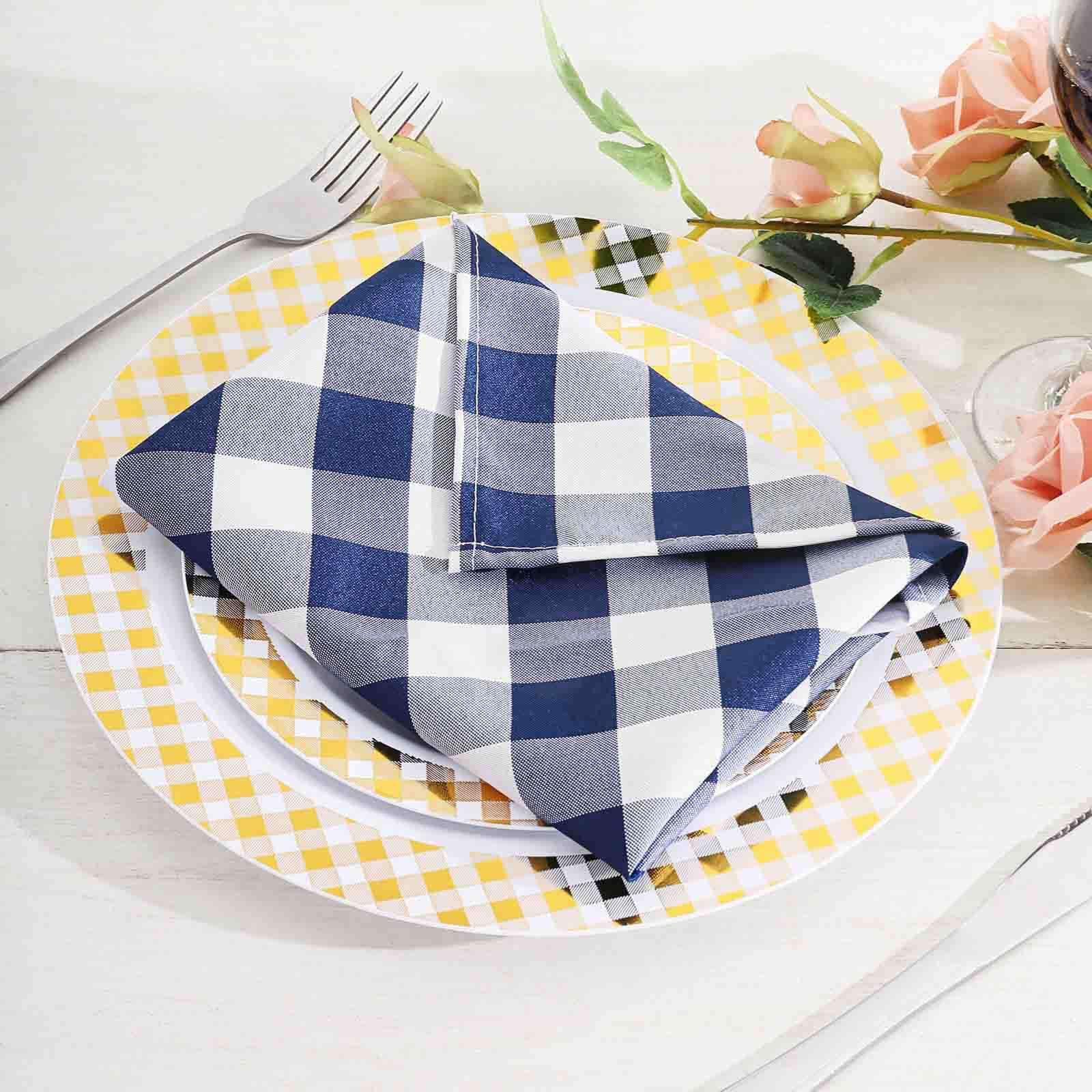 5 Pack Polyester 15x15 Napkins Navy Blue/White Buffalo Plaid Gingham Style Cloth Napkins