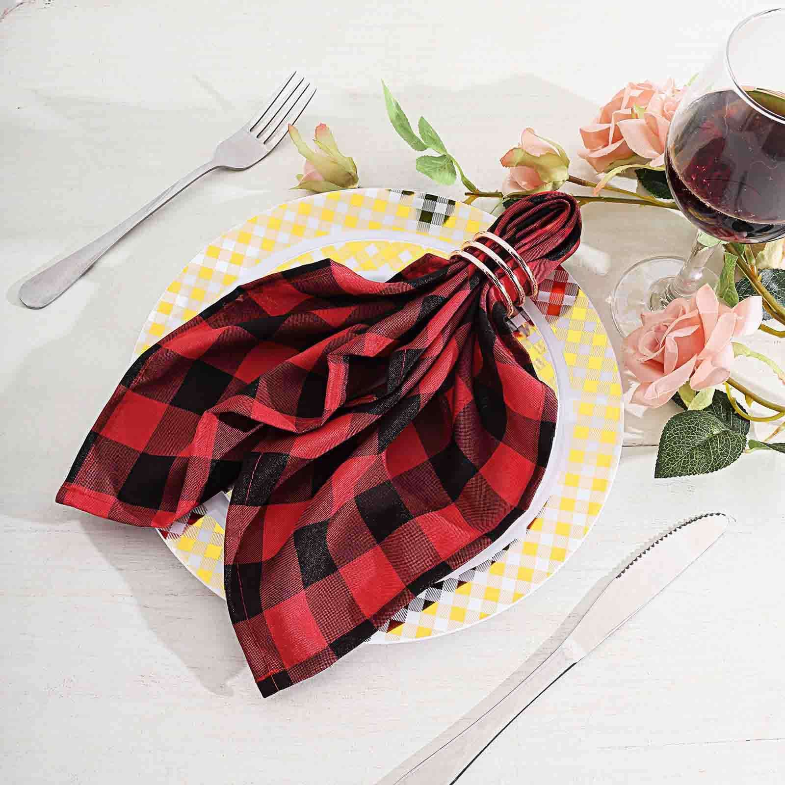 5 Pack Polyester 15x15 Napkins Black/Red Buffalo Plaid Gingham Style Cloth Napkins