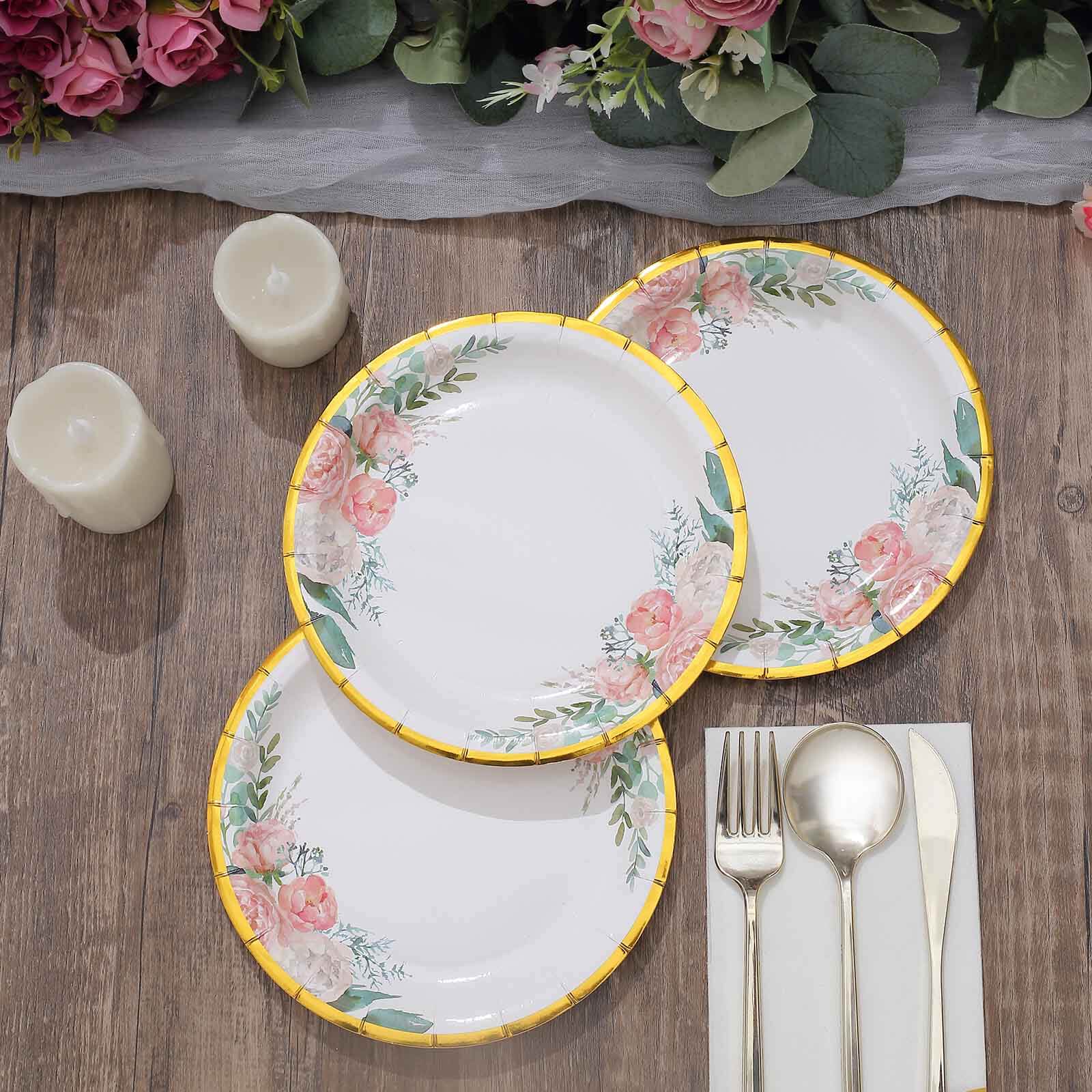 25-Pack Paper 7 Round Dessert Plates in White with Peony Floral Design & Gold Rim - Disposable Floral Salad Appetizer Plates for Brunches & Afternoon Teas