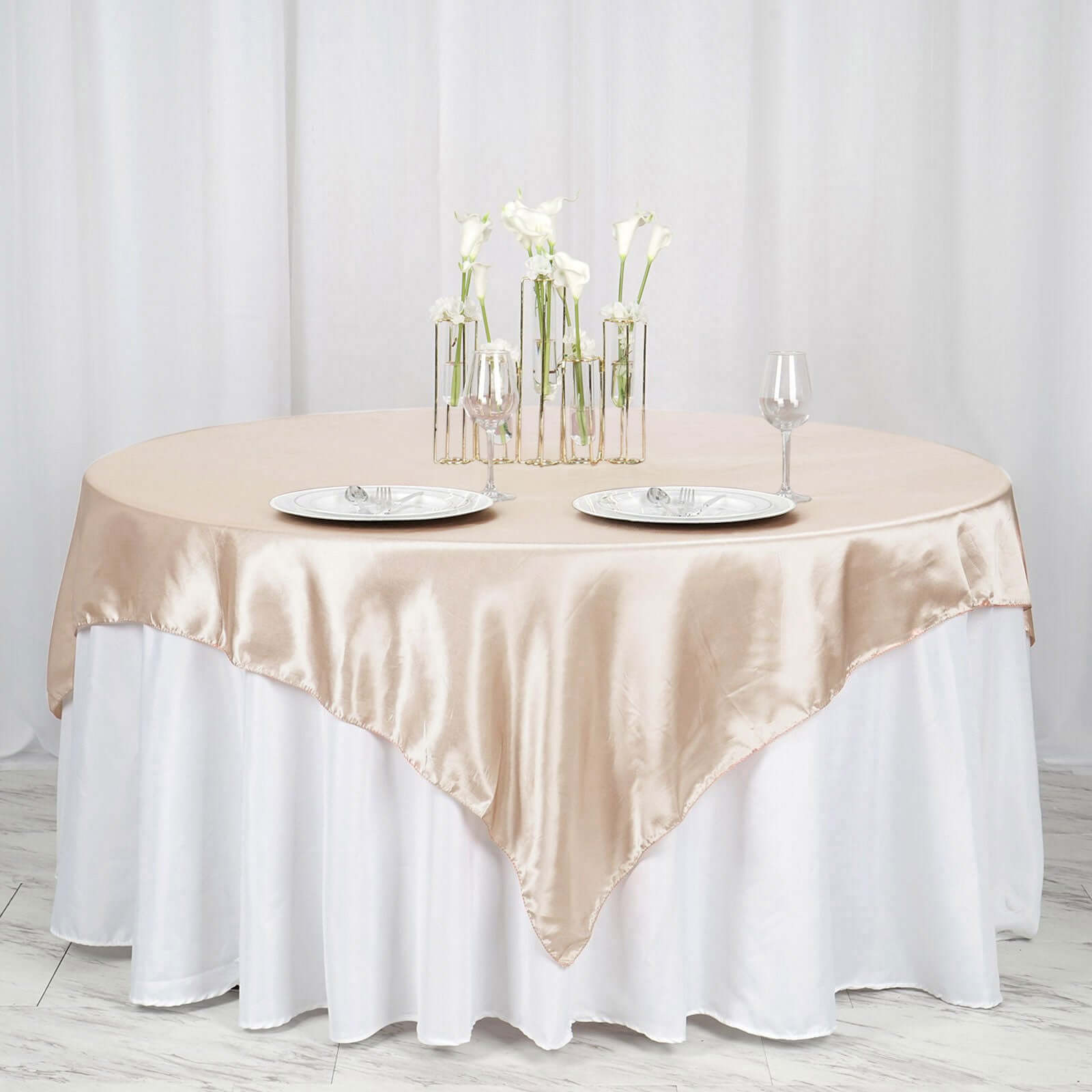 Satin 60x60 Table Overlay Square Tablecloth Beige - Smooth Silky Touch Table Cover