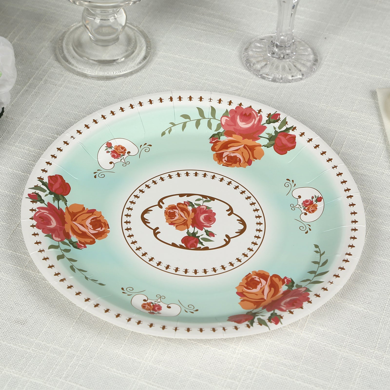 25-Pack Paper 9 Round Dinner Plates in Turquoise with Vintage Rose Flower Print - Disposable Plates for High Tea Gatherings & Romantic Celebrations