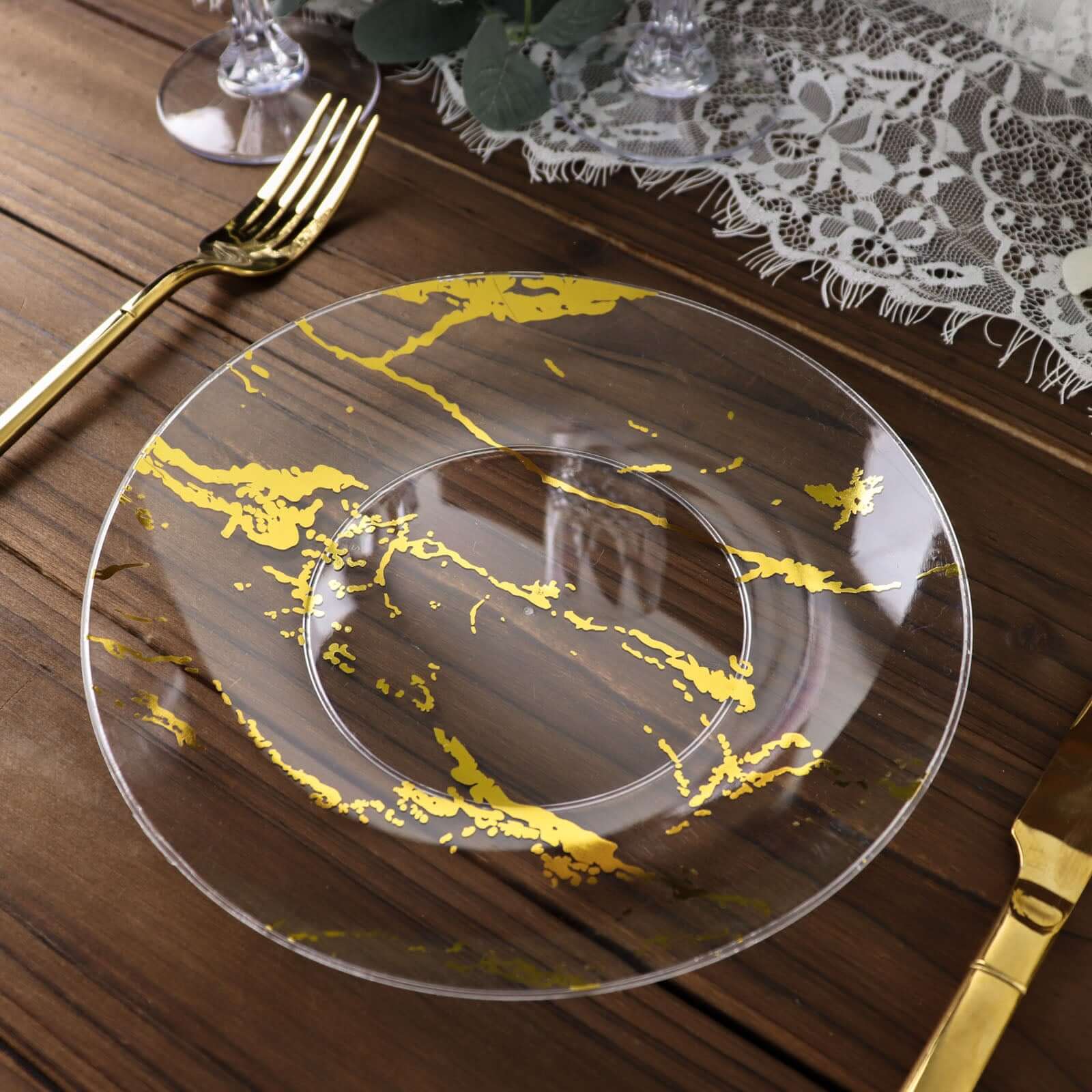 10-Pack Plastic 8 Round Dessert Plates in Clear with Gold Marble Print - Disposable Appetizer/Salad Plates for Chic Banquets & Special Occasions