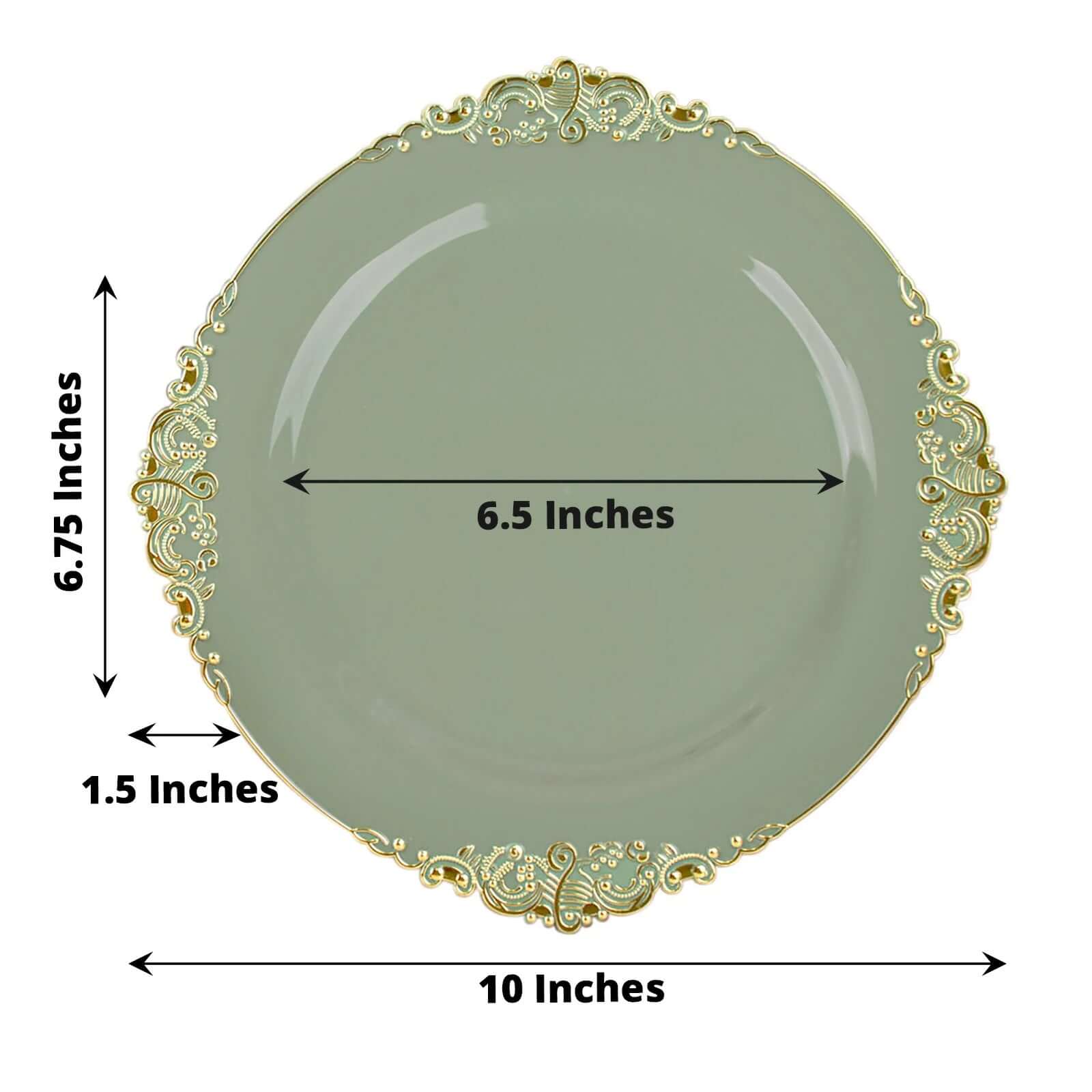 10-Pack Plastic 10 Round Dinner Plates in Dusty Sage Green with Gold Leaf Embossed Rim - Disposable Vintage Baroque Style Plates