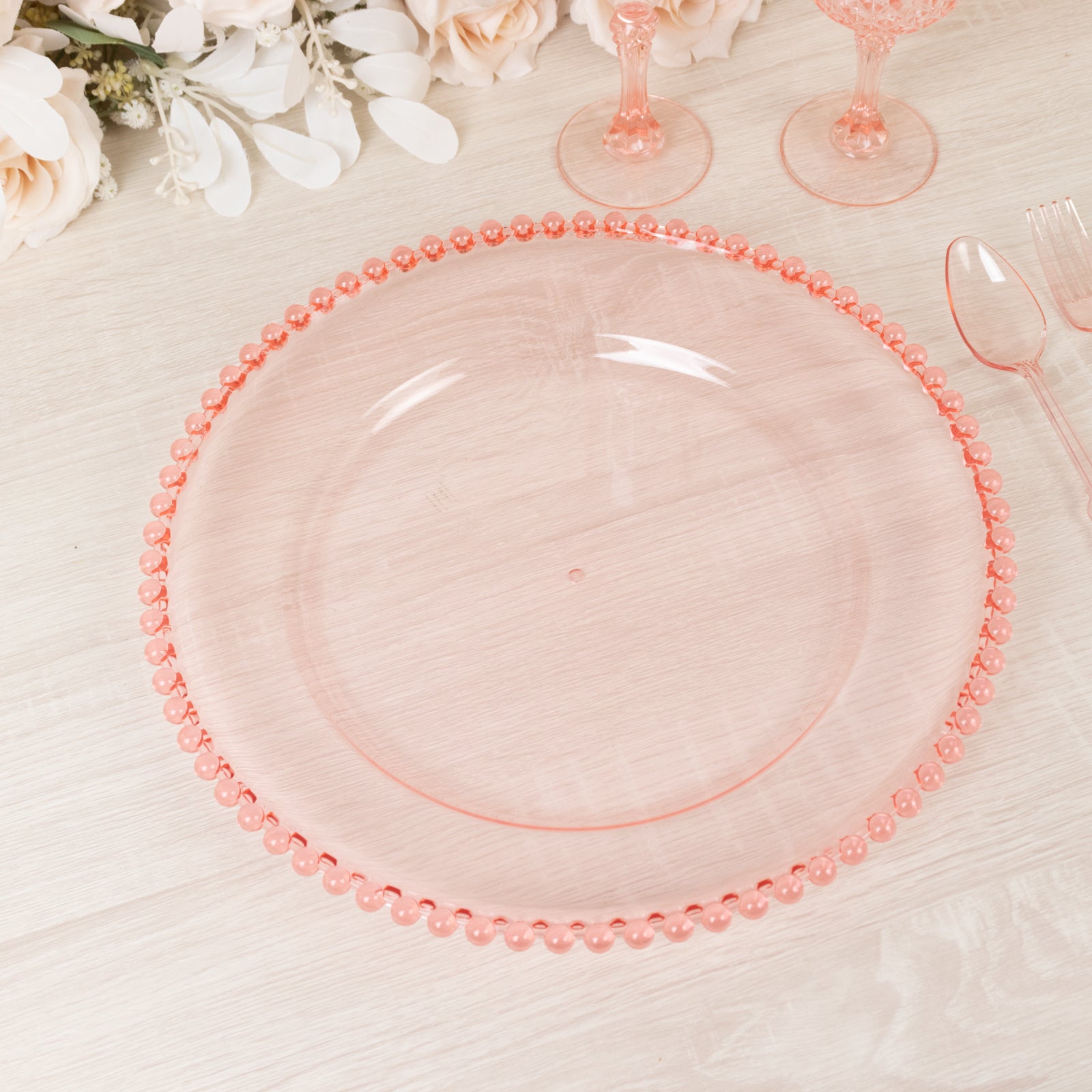 6-Pack Acrylic Round Charger Plates 13 in Transparent Blush with Beaded Rim, Decorative Dinner Party Serving Plates