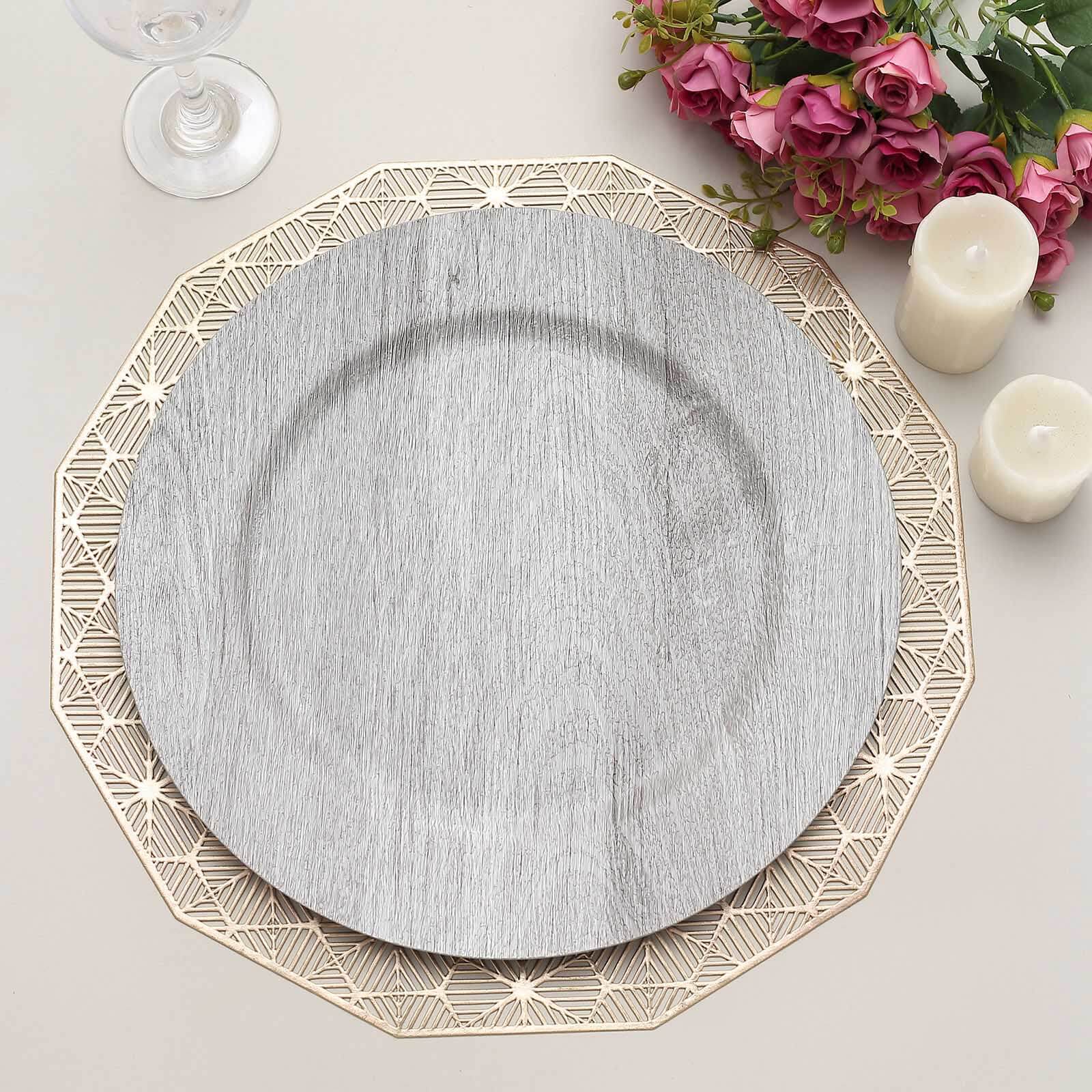 6-Pack Plastic Round Charger Plates 13 in Gray with Faux Wood Finish, Rustic Boho Chic Dinner Party Charger Tableware