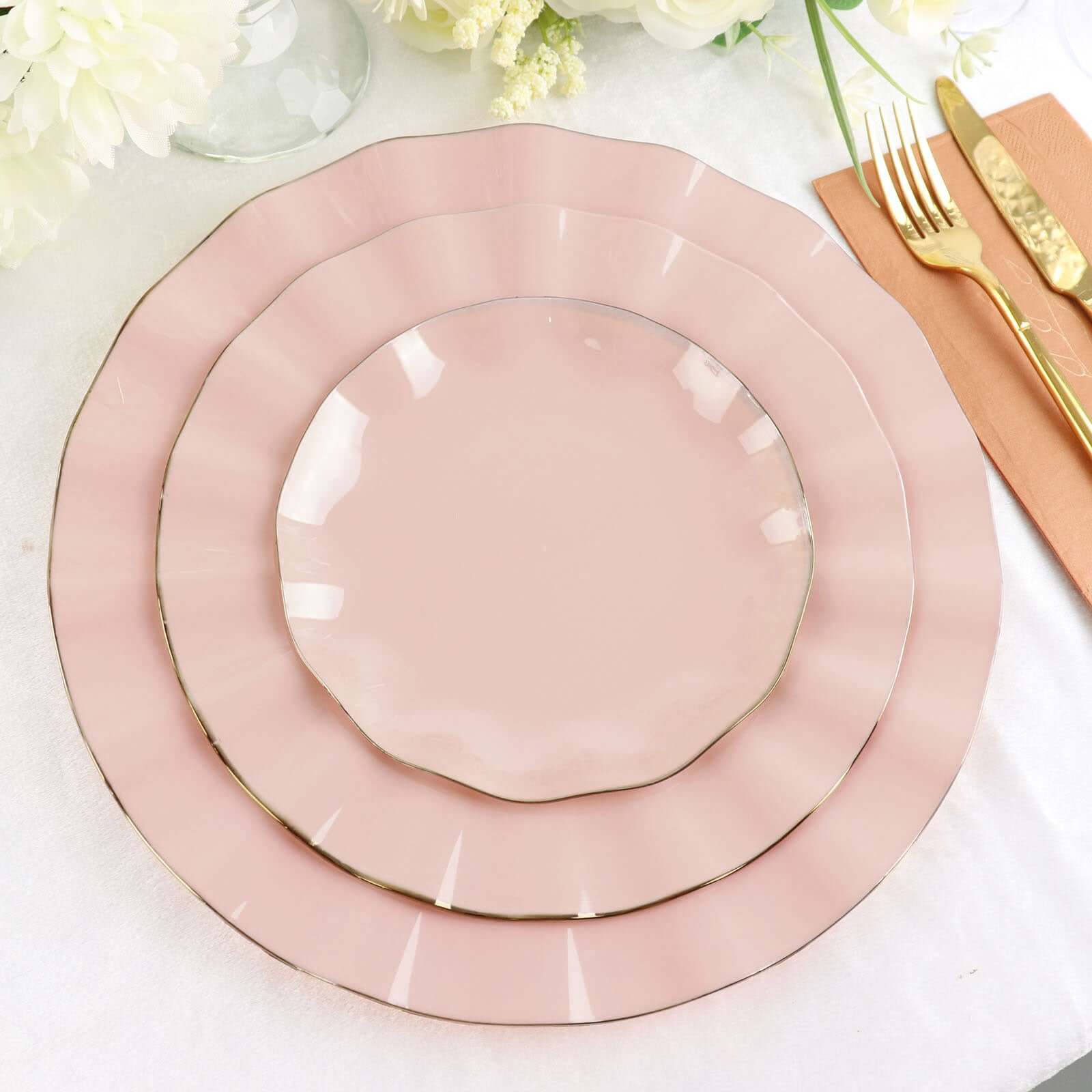 10-Pack Plastic 11 Round Dinner Plates in Blush Ruffled Rim with Gold Edging - Sturdy Disposable Dinnerware