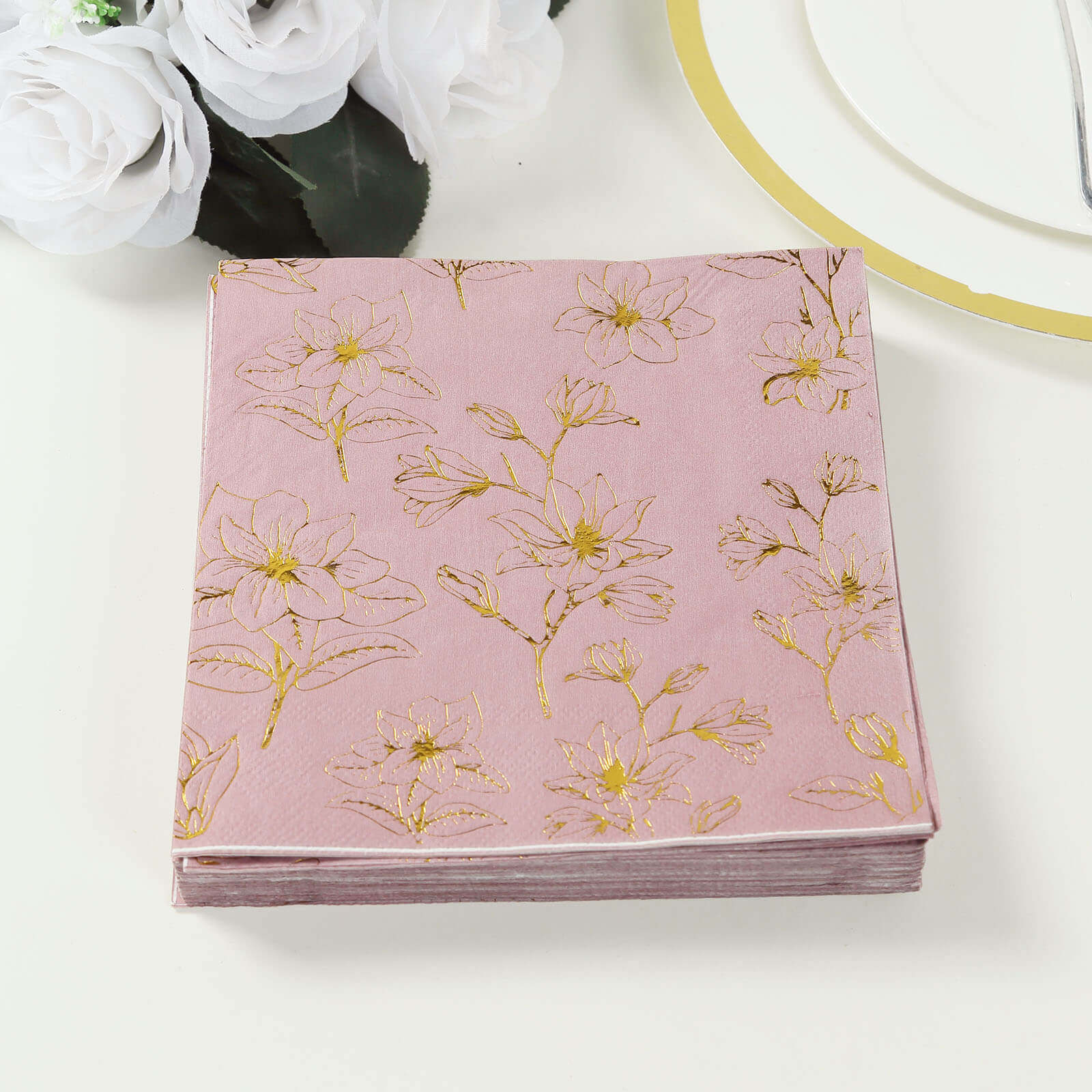 50-Pack Paper Cocktail Napkins with Gold Magnolia Flowers Print Dusty Rose - Highly 2 Ply Absorbent Soft Napkins for Beverages