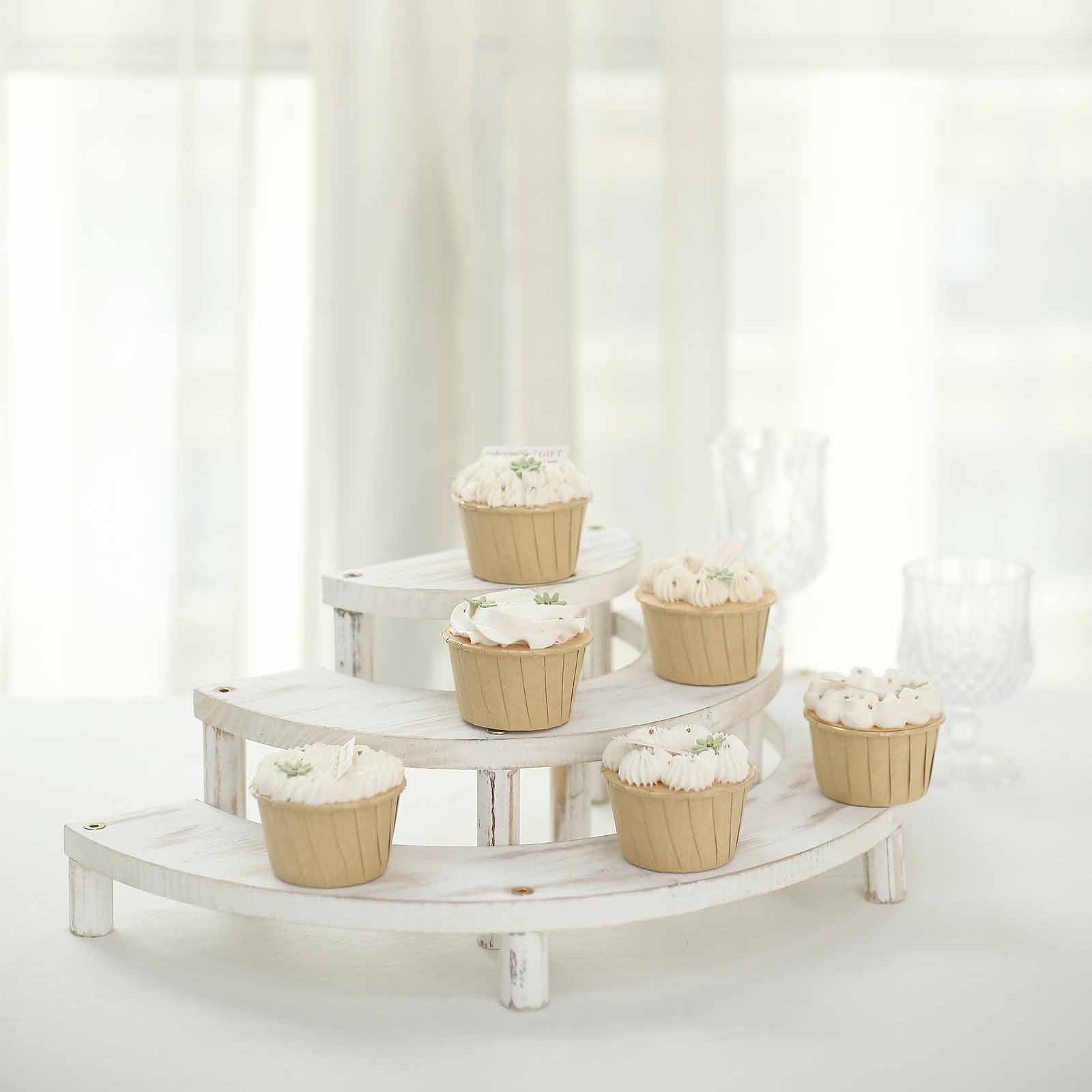 Set of 3 Wooden Dessert Pedestals Rustic Whitewashed 3-Tier Semicircle Design - Half Moon Cupcake Display Risers 7, 13, 18