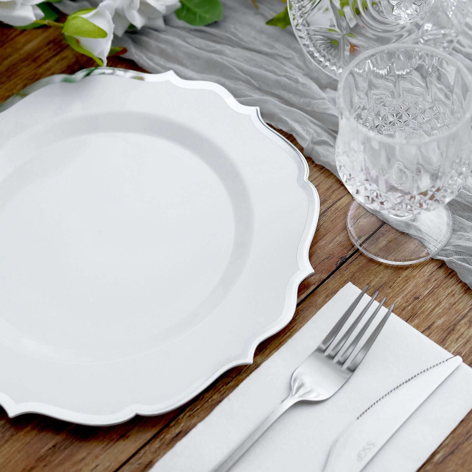 10-Pack Plastic 10 Round Dinner Plates in White with Silver Scalloped Rim - Disposable Party Plates