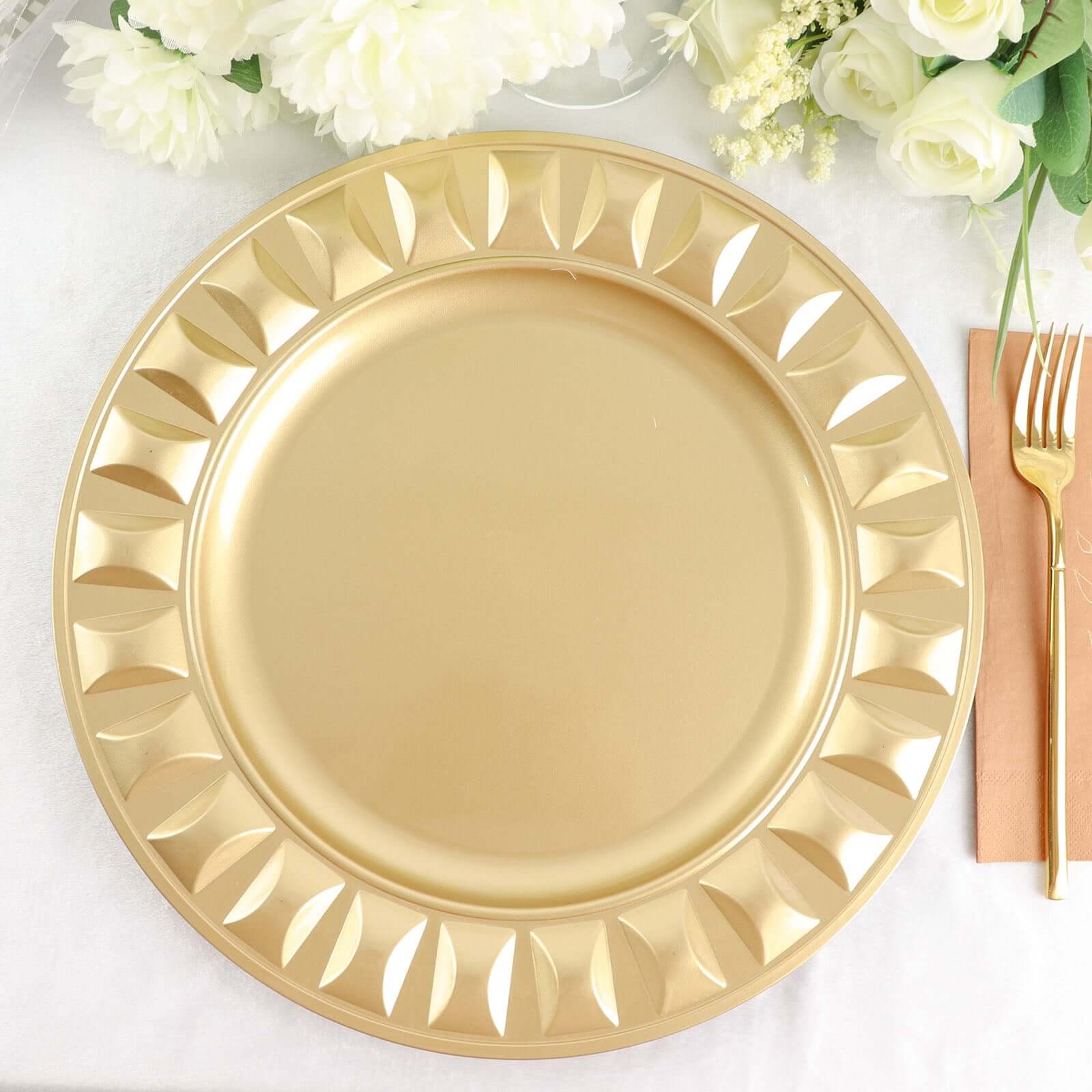 6-Pack Plastic Round Charger Plates 13 in Gold with Bejeweled Rim, Luxe Decorative Dinner Party Charger Tableware