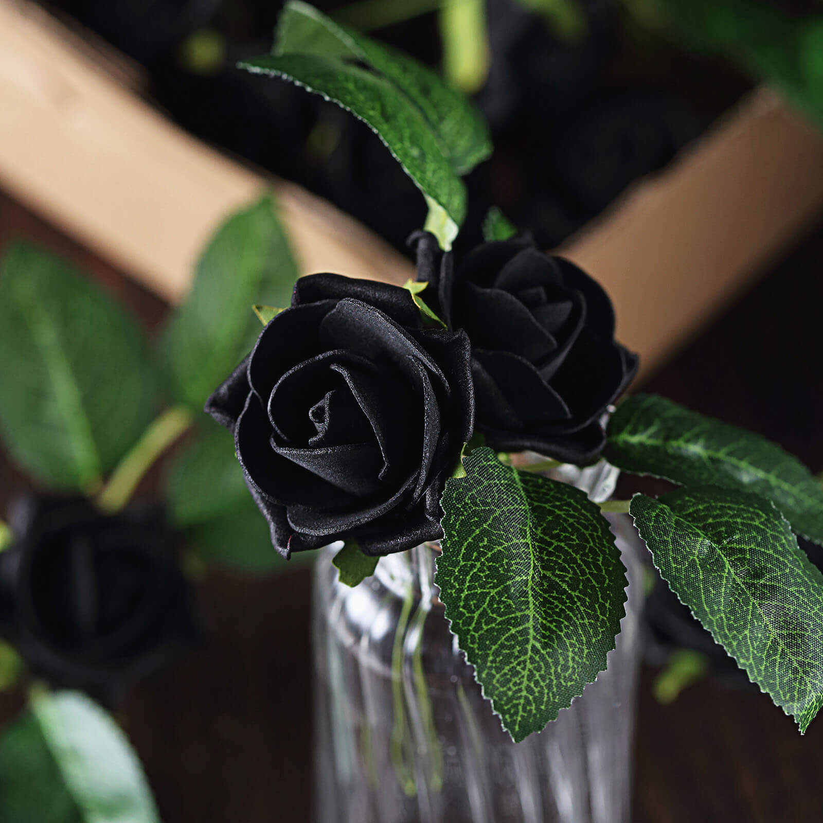 24 Roses 2 Black Artificial Foam Flowers With Stem Wire and Leaves