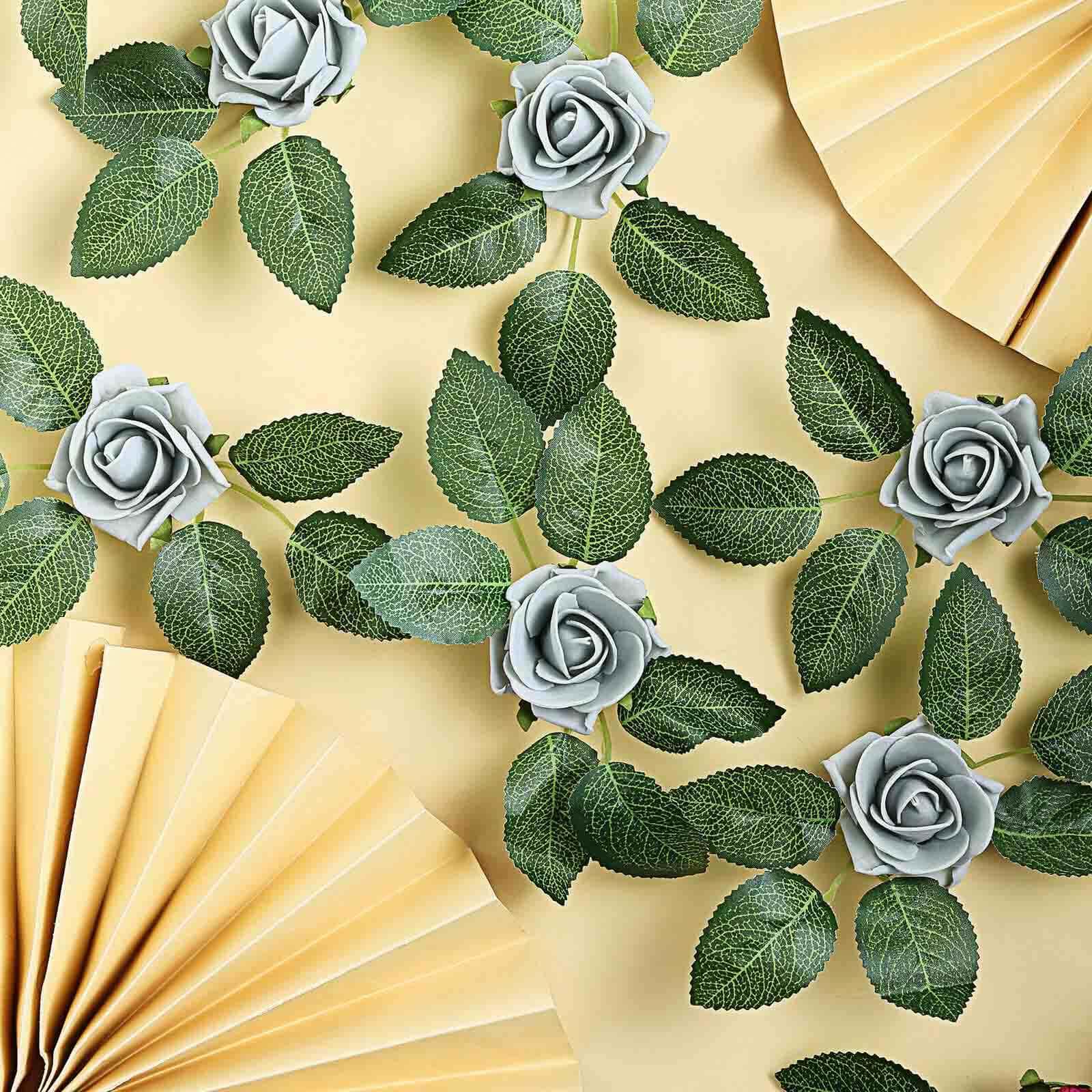 24 Roses 2 Silver Artificial Foam Flowers With Stem Wire and Leaves