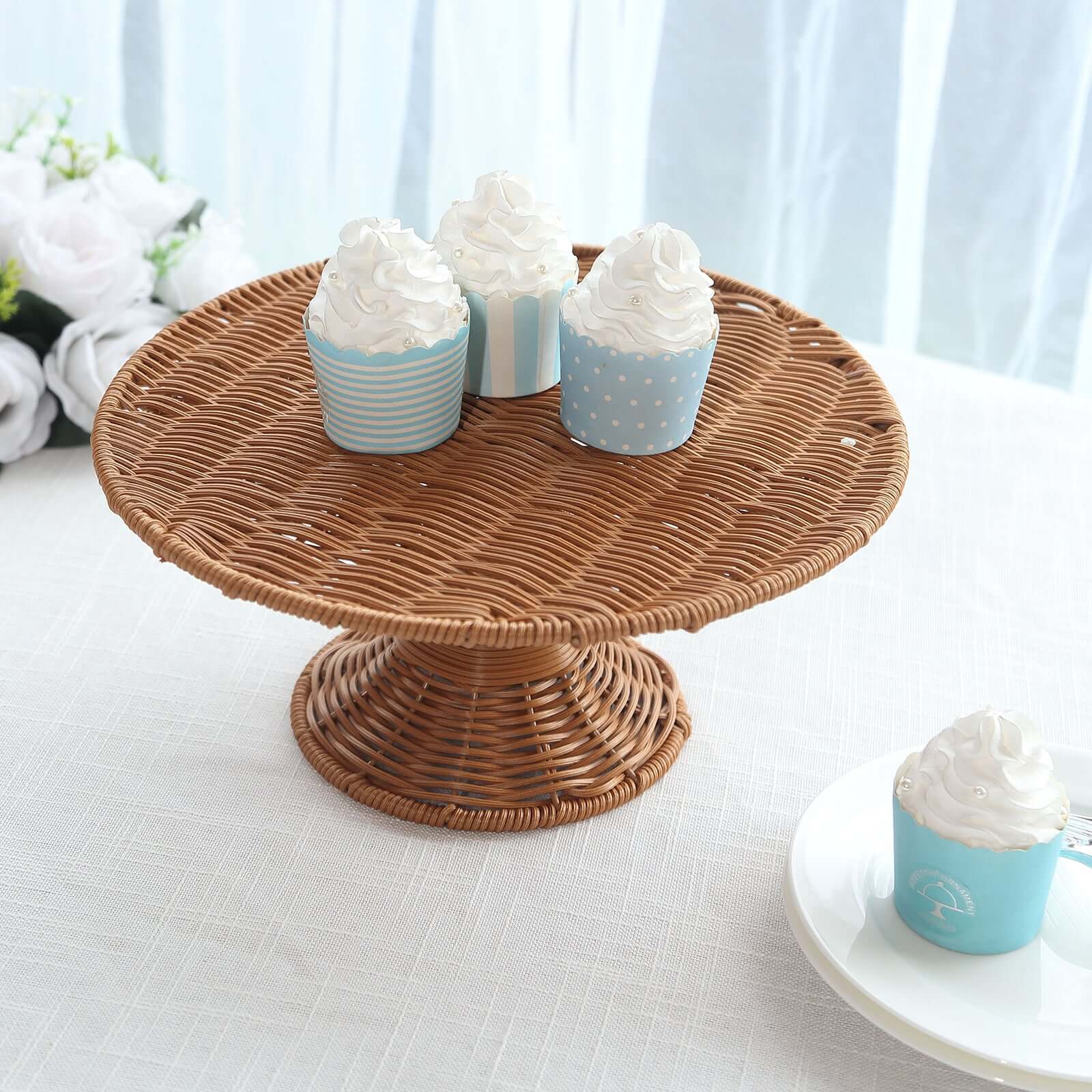 Plastic Round Rattan Wicker Pedestal Cake Stand Natural - Reusable Rustic Cupcake Holder Dessert Table Display Centerpiece for Home Parties & Events 12