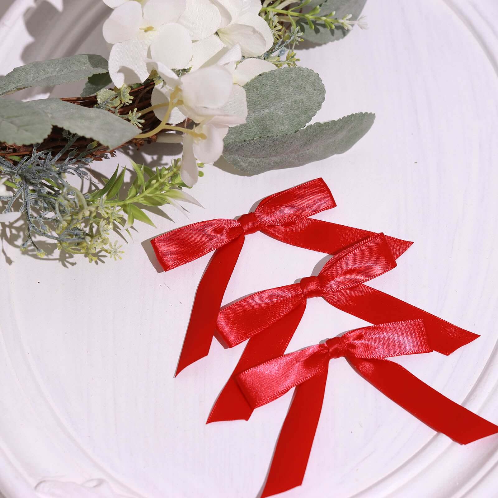 50 Pcs 3 Satin Ribbon Bows With Twist Ties, Gift Basket Party Favor Bags Decor - Red Classic Style